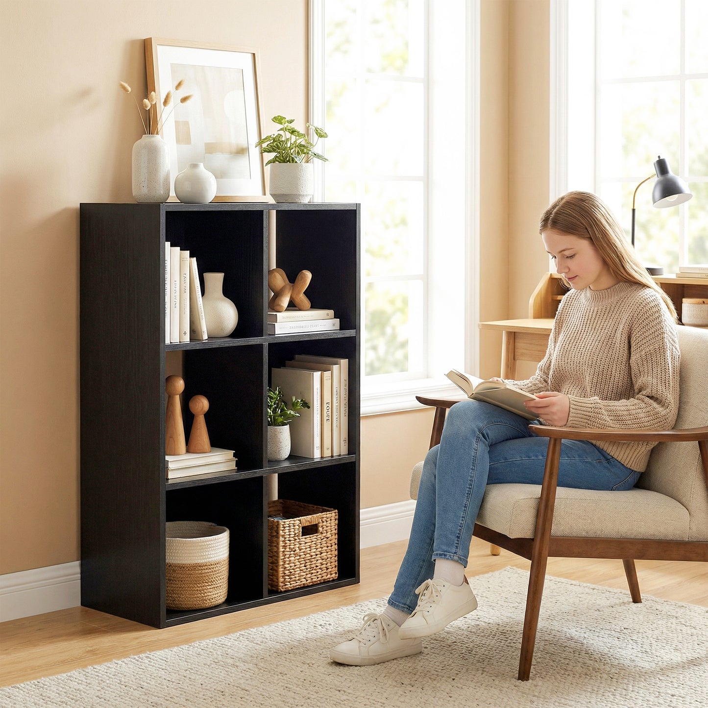 HOMCOM Industrial Style Storage Shelf Bookcase With 6 Compartments For Living Room And Home Study Black Wood Effect