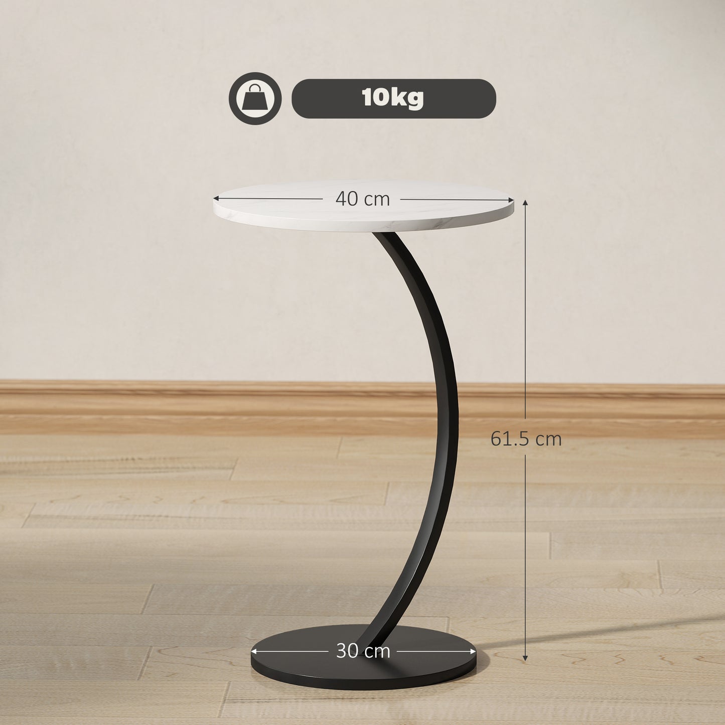 HOMCOM C Shaped Side Table Round Bedside Table With Marble Effect Top Modern Sofa End Table With Metal Frame White