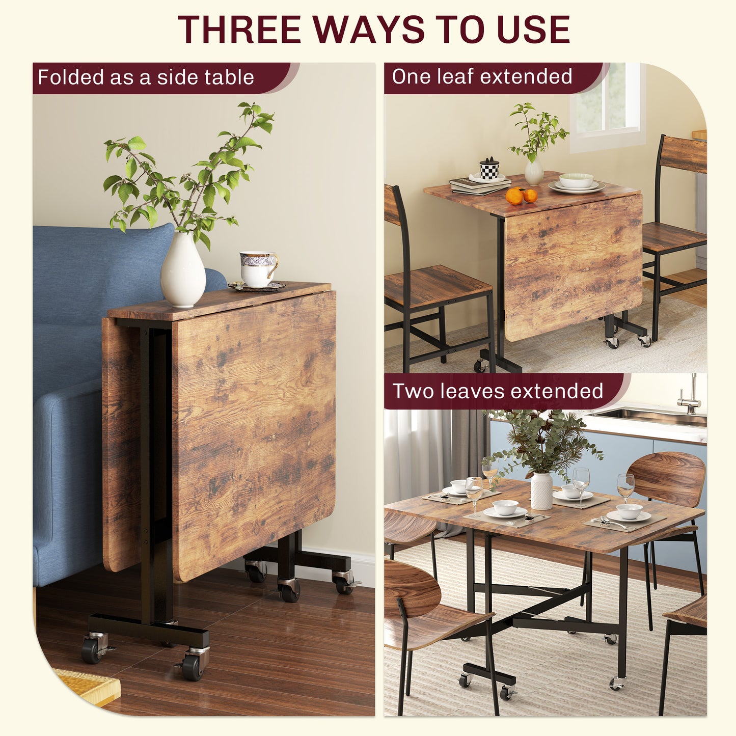 HOMCOM Six Seater Drop Leaf Dining Table With Wheels And Brakes Brown Wood Effect