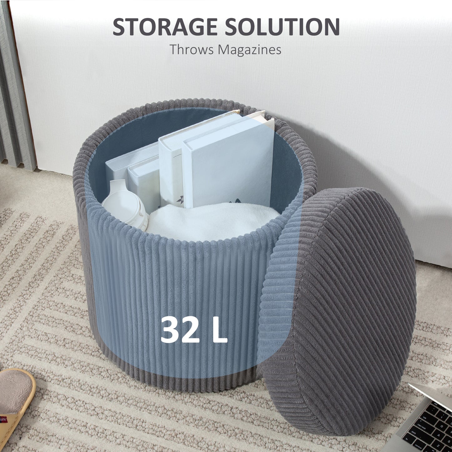 HOMCOM 40cm Storage Ottoman Corduroy Footstool With Removable Lid And Legs Vanity Stool For Living Room Bedroom Grey