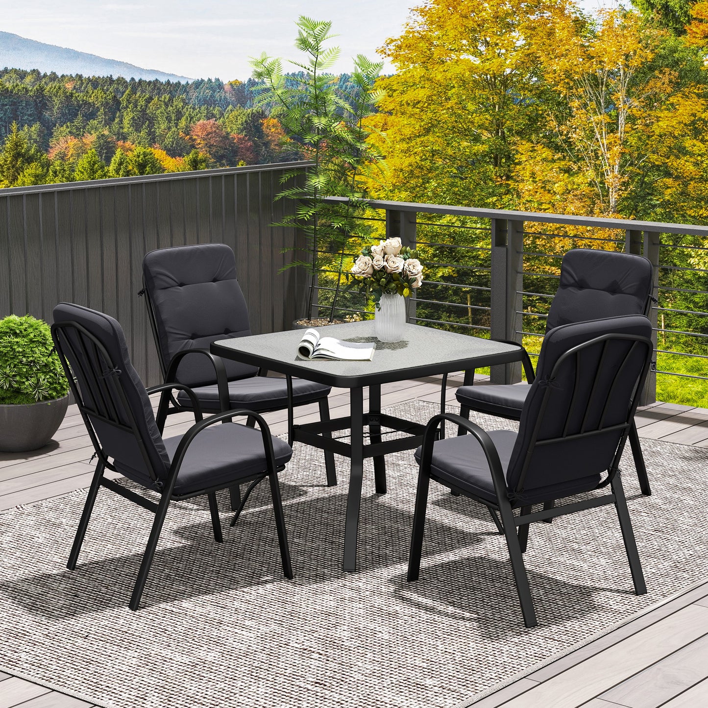 Outsunny Five Piece Garden Dining Set With Tempered Glass Table And Four Cushioned Armchairs Umbrella Hole Black