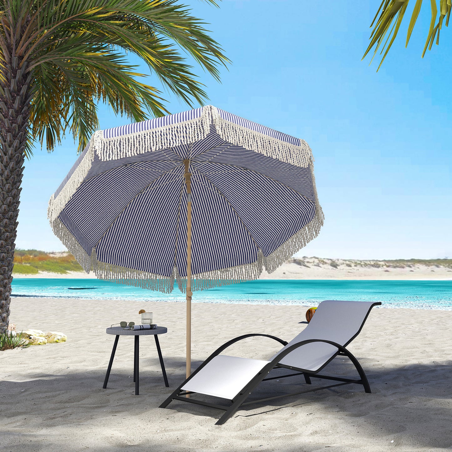 Outsunny 1.7m Beach Umbrella With Sand Anchor And 30 Degree Tilting Adjustable Height Fringed Parasol In Blue