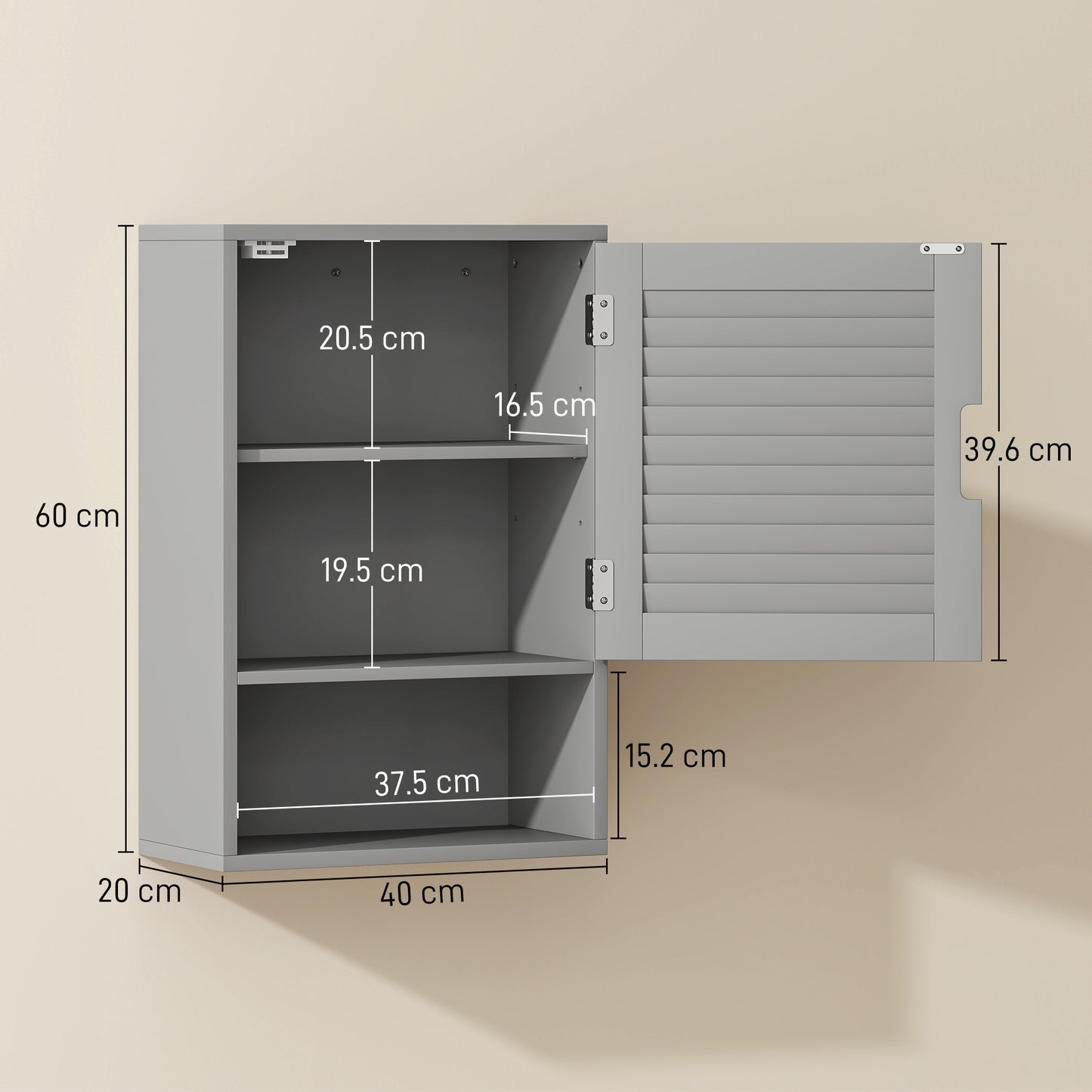 HOMCOM Wall Mounted Bathroom Cabinet Grey With Adjustable Shelves 40 x 20 x 60 cm