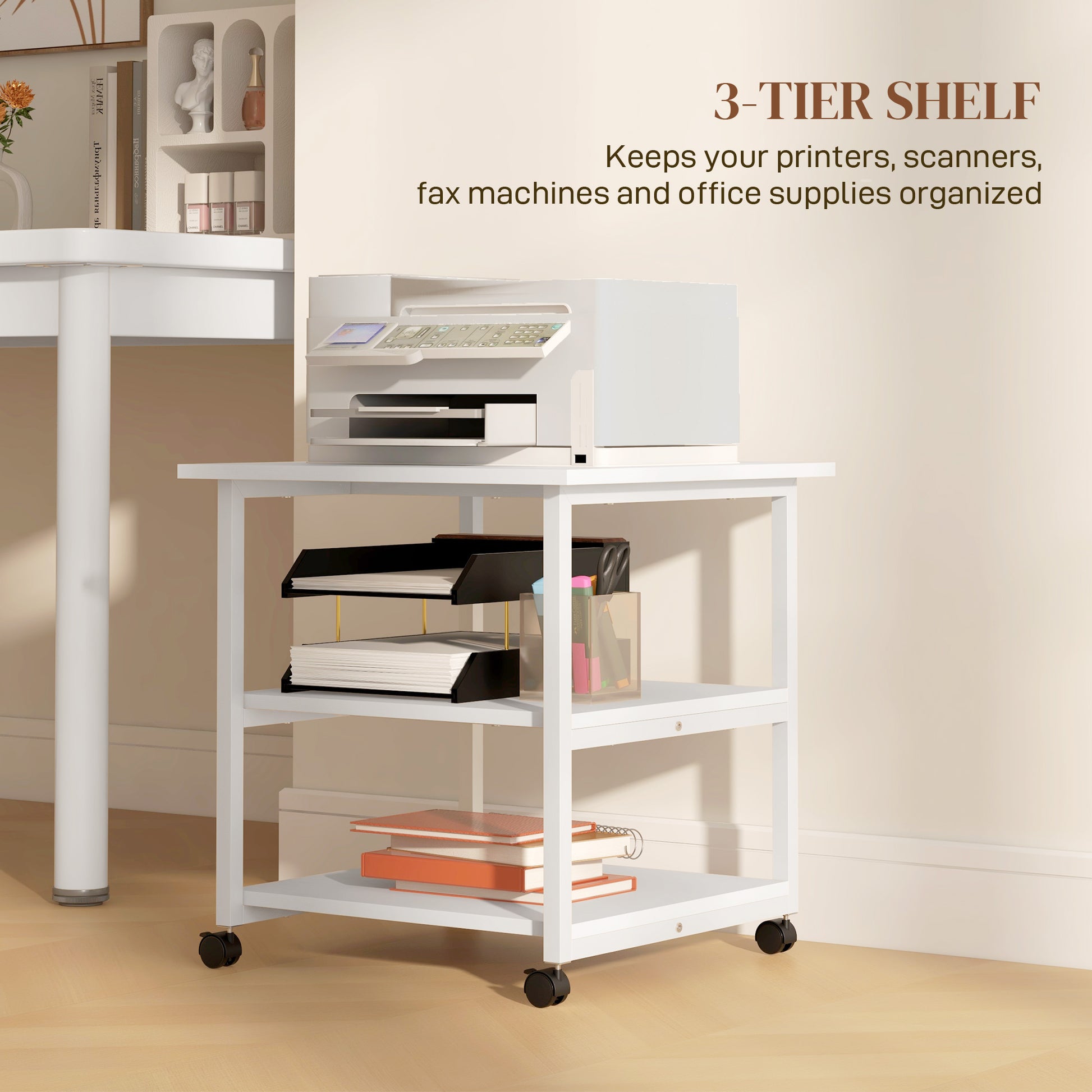 Vinsetto Mobile 3-Tier Printer Cart with Storage & Wheels for Home Office - White - ALL4U RETAILER LTD