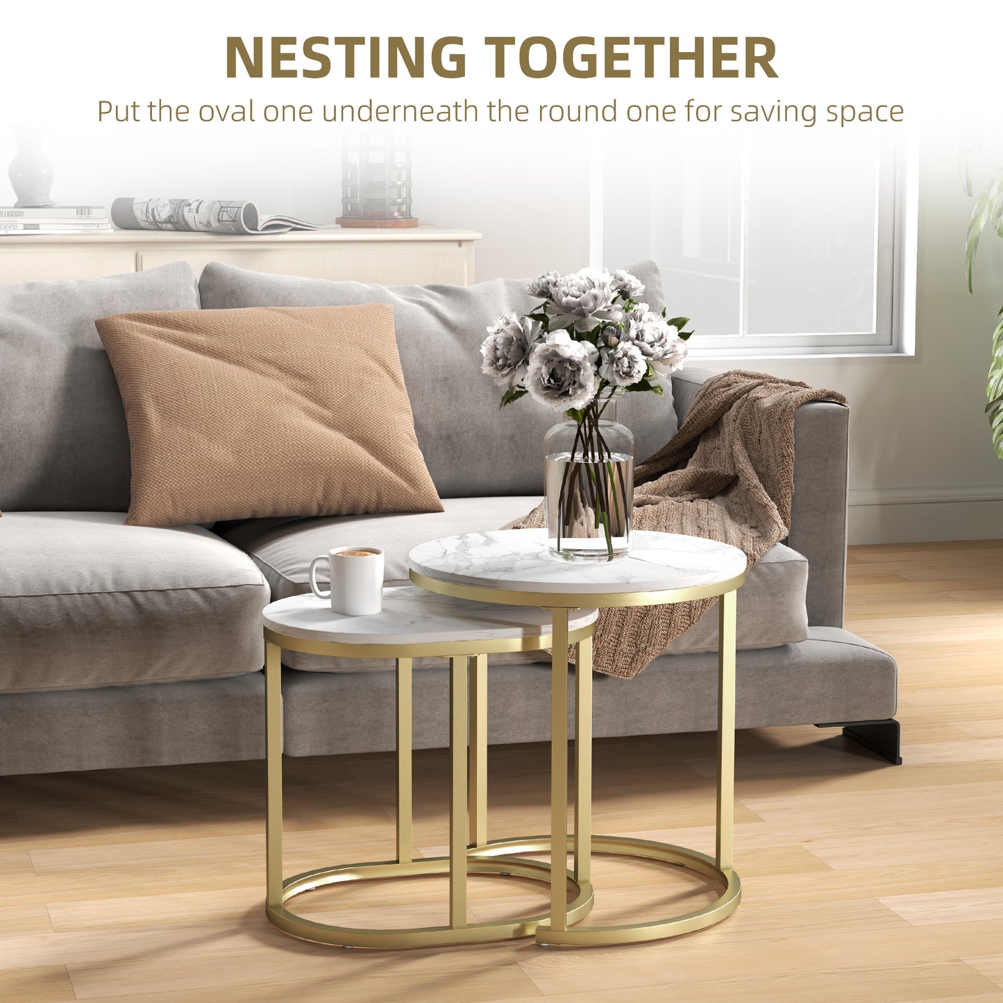HOMCOM Nest Of Tables With Steel Frame And Faux Marble Tabletops, Modern Coffee Table Set Of 2, Gold Tone And White