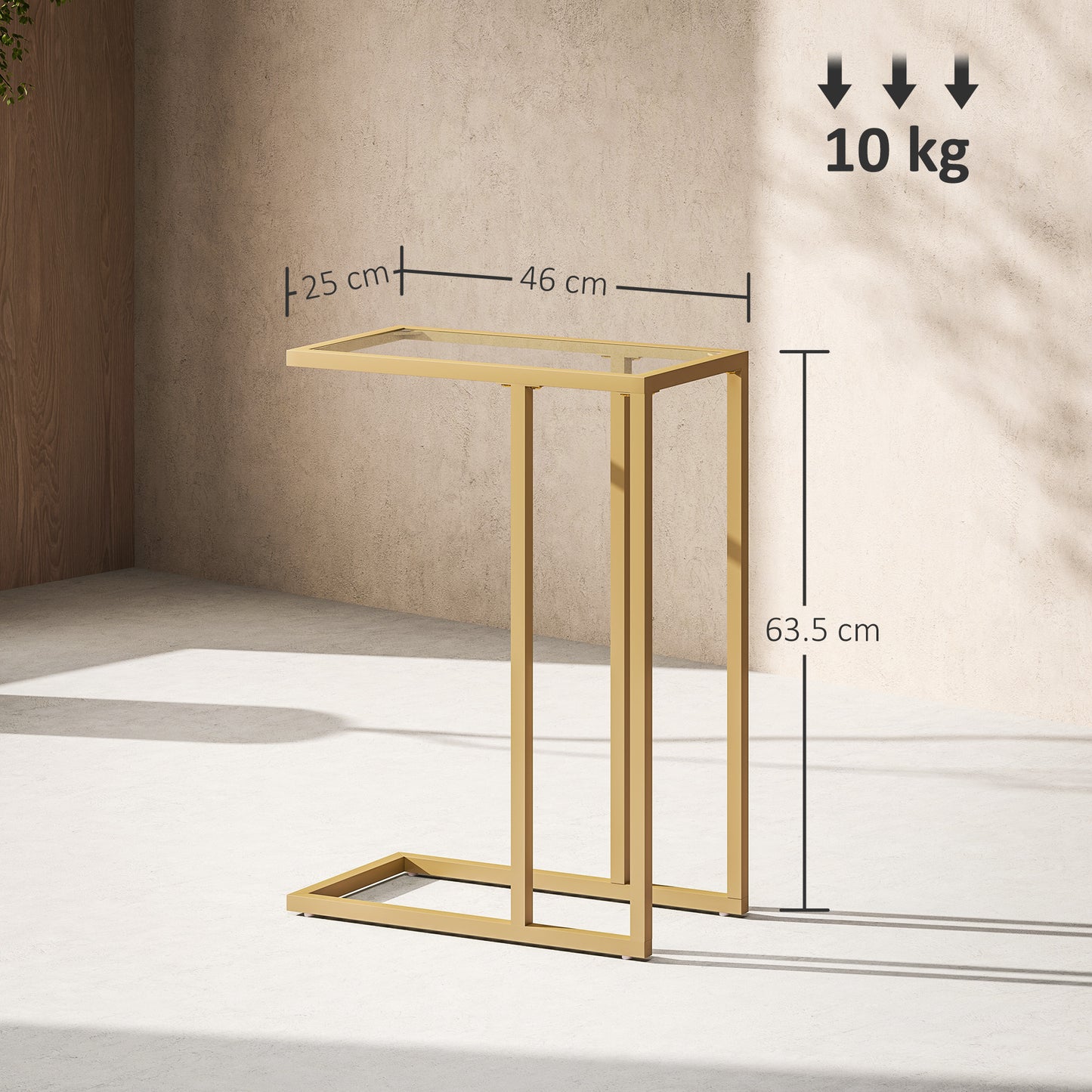 HOMCOM C Shaped Side Table With Tempered Glass Top Slim Gold Tone End Table For Small Spaces