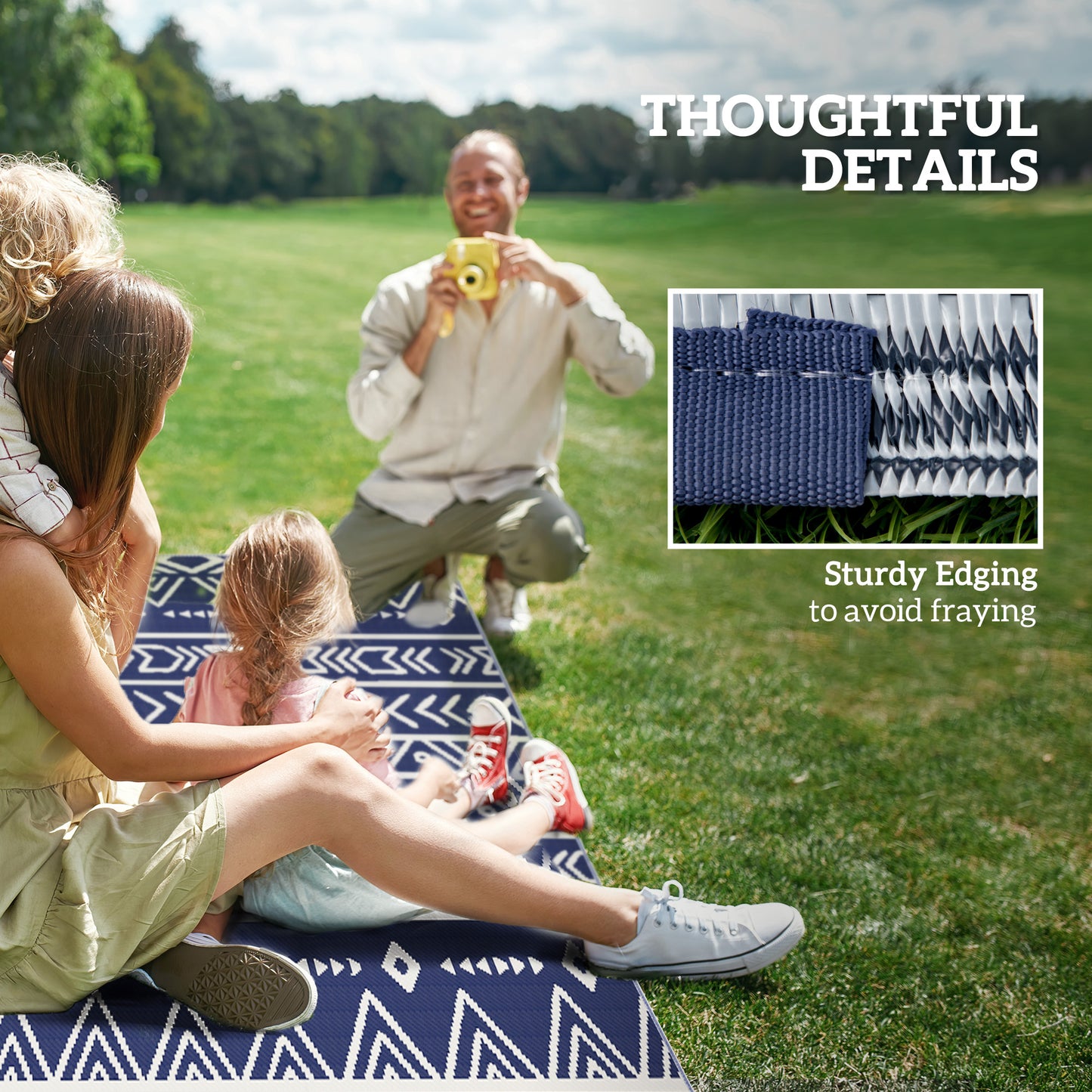 Outsunny Reversible Outdoor Rug with Carry Bag Waterproof Plastic Straw Mat 182 x 274 cm Dark Blue and White