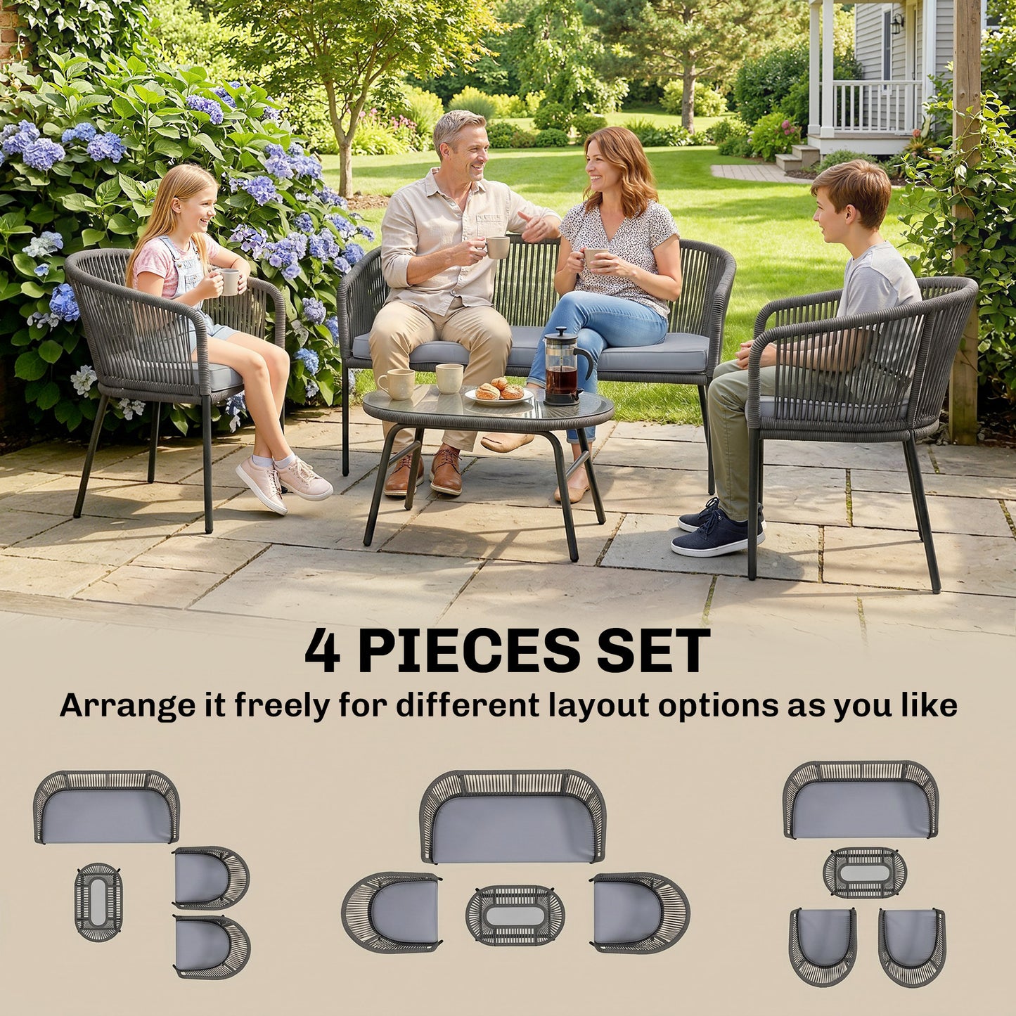 Outsunny 4 Piece Garden Furniture Set Rope Sofa With Loveseat And Two Chairs Tempered Glass Table Cushions Dark Grey