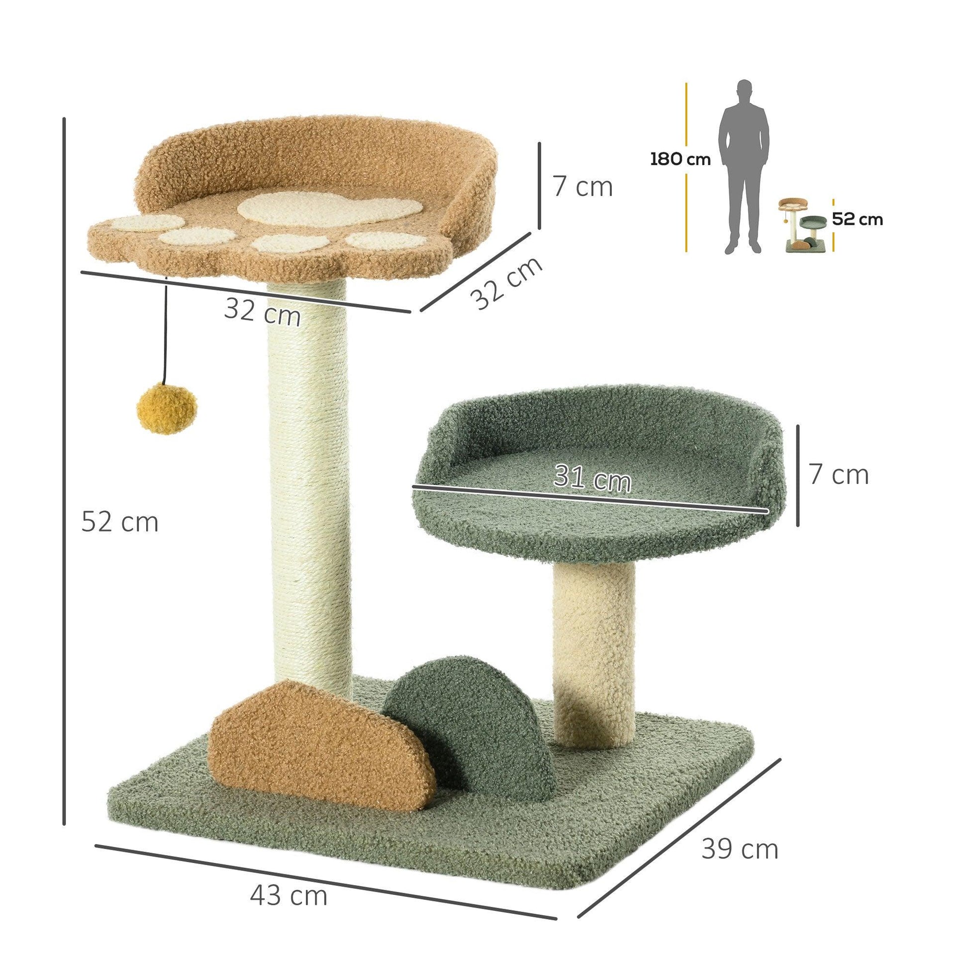 PawHut Small Cat Tree for Indoor Cats, Scratching Posts with Two Beds, Toy Ball - ALL4U RETAILER LTD