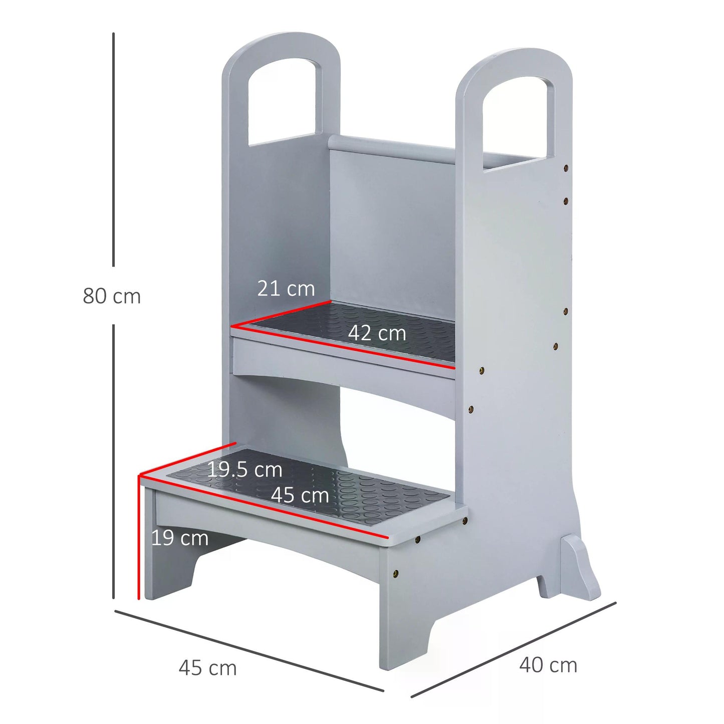 HOMCOM Children's Wooden Kitchen Helper Step Stool with Safety Handles and Non-Slip Steps for Ages 3-8 - Grey - ALL4U RETAILER LTD