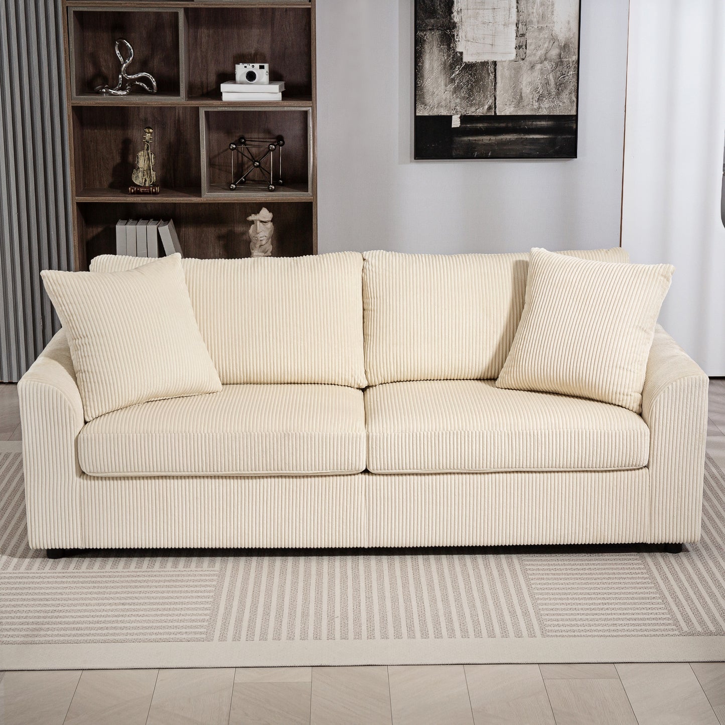 HOMCOM Modern 3 Seater Sofa With Spring Cushion 212 cm Corduroy Fabric Sofa With 2 Scatter Cushions Cream White