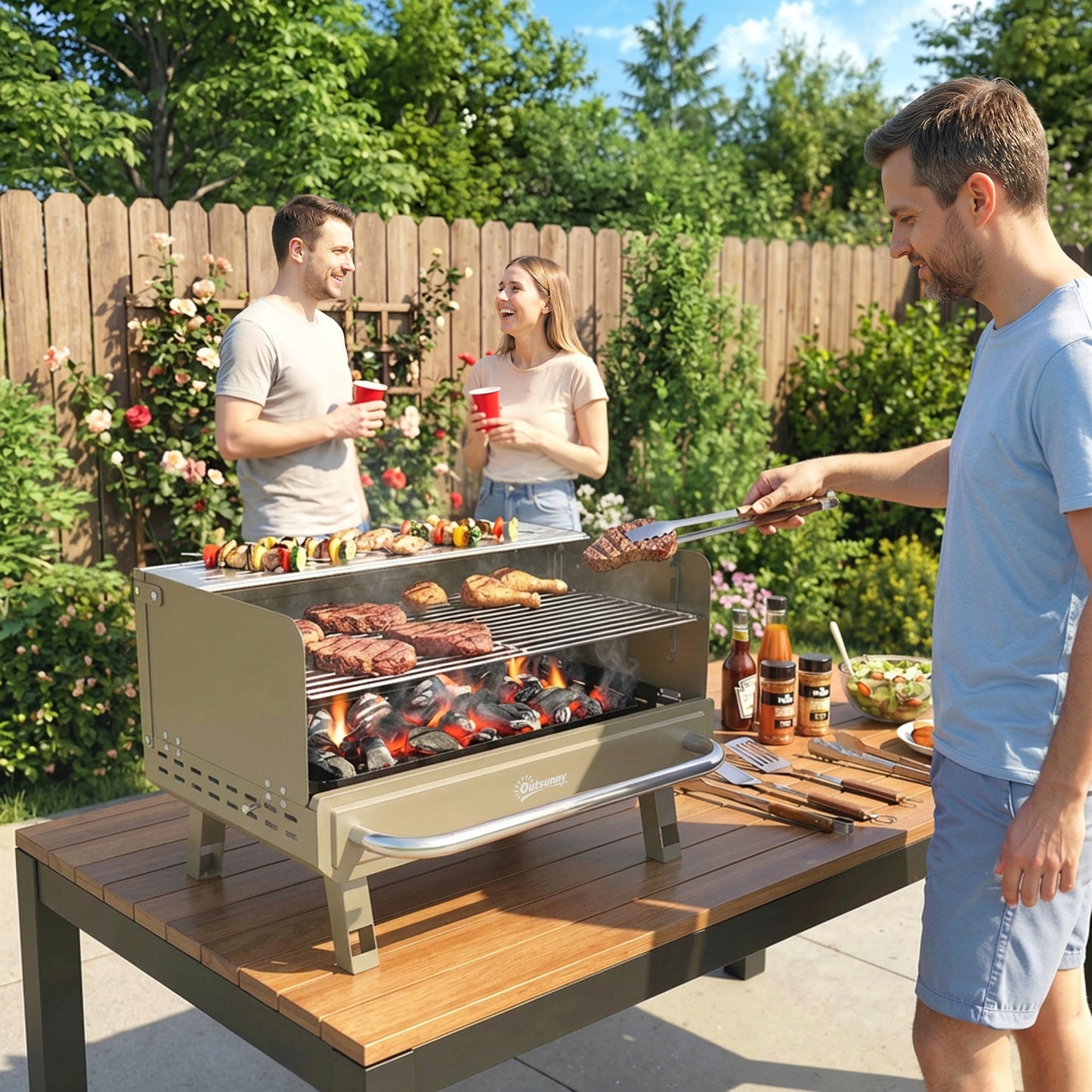 Outsunny Portable Charcoal BBQ Grill With Adjustable Grates Foldable Legs Side Shelf For Camping Travel Khaki