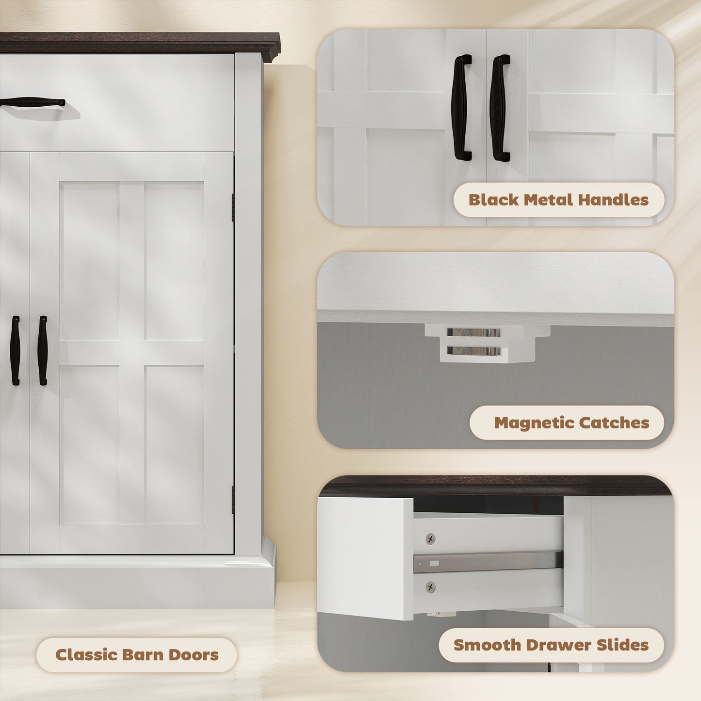 HOMCOM Farmhouse Sideboard With 3 Cm Thick Top And Two Barn Doors White Kitchen Storage Cabinet