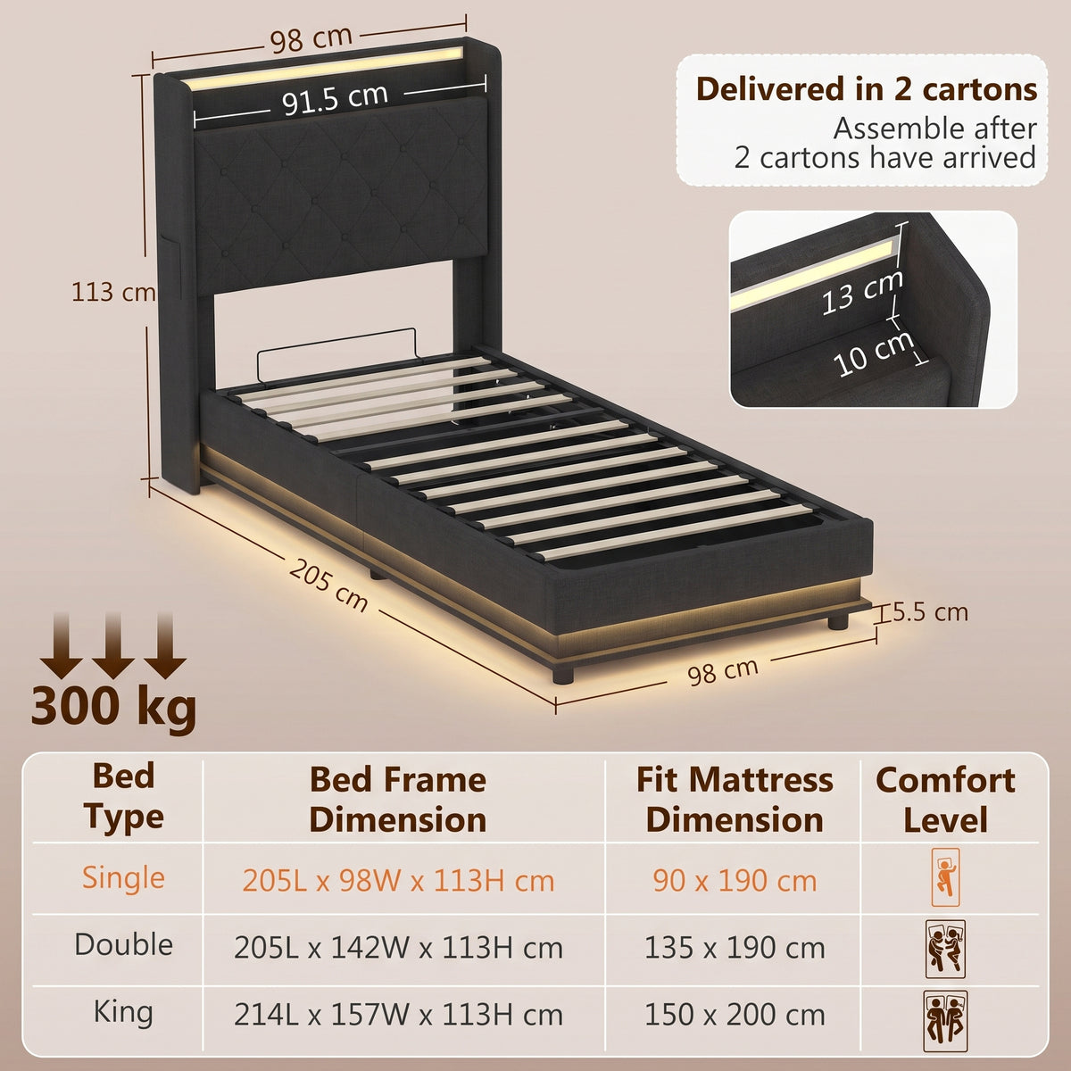 Homcom 3Ft Single Bed Frame With Hydraulic Storage And Led Lights Black