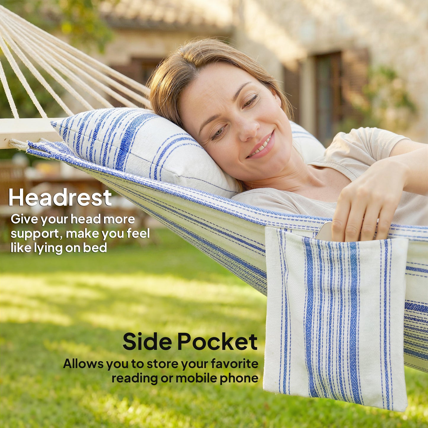 Outsunny Cotton Hammock With Headrest And Side Pocket Portable Swing Blue And White Outdoor Relaxation