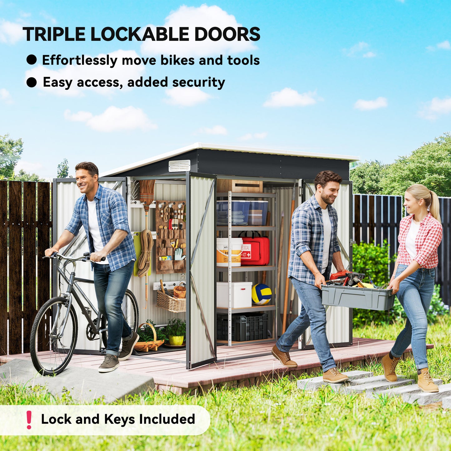 Outsunny 7.5 x 4.3ft Metal Garden Storage Shed Waterproof With Triple Lockable Doors Vents Gloves Included Dark Grey
