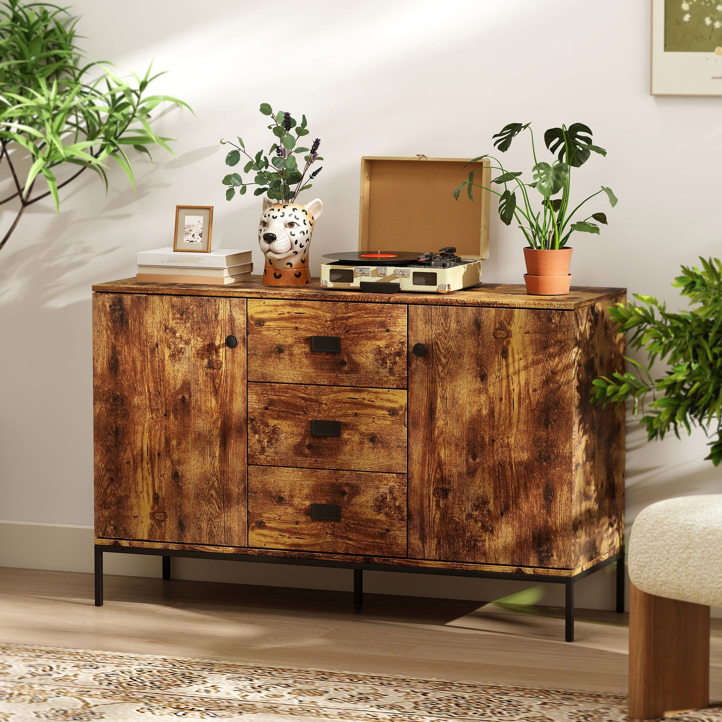 HOMCOM Modern Rustic Brown Sideboard With Storage Cabinets Three Drawers And Adjustable Shelves