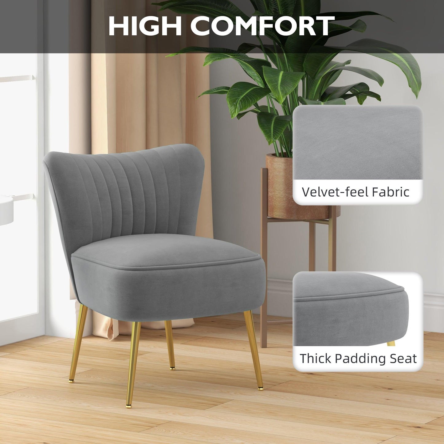 HOMCOM Set of 2 Accent Chairs, Upholstered Living Room Chairs with Gold Tone Steel Legs, Wingback Armless Chairs, Grey - ALL4U RETAILER LTD