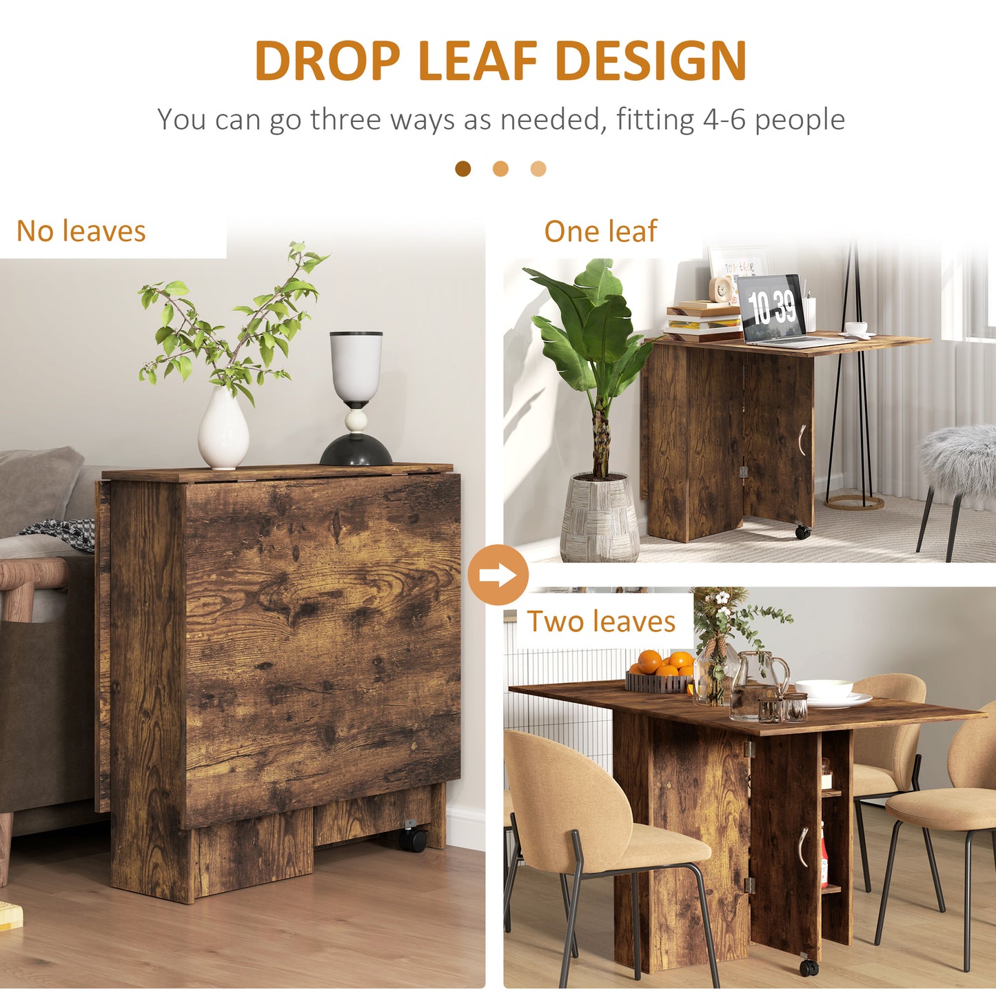 HOMCOM Folding Dining Table 80-140 Cm For 4-6 People Drop Leaf With 2-Tier Shelves And Rolling Casters Rustic Brown