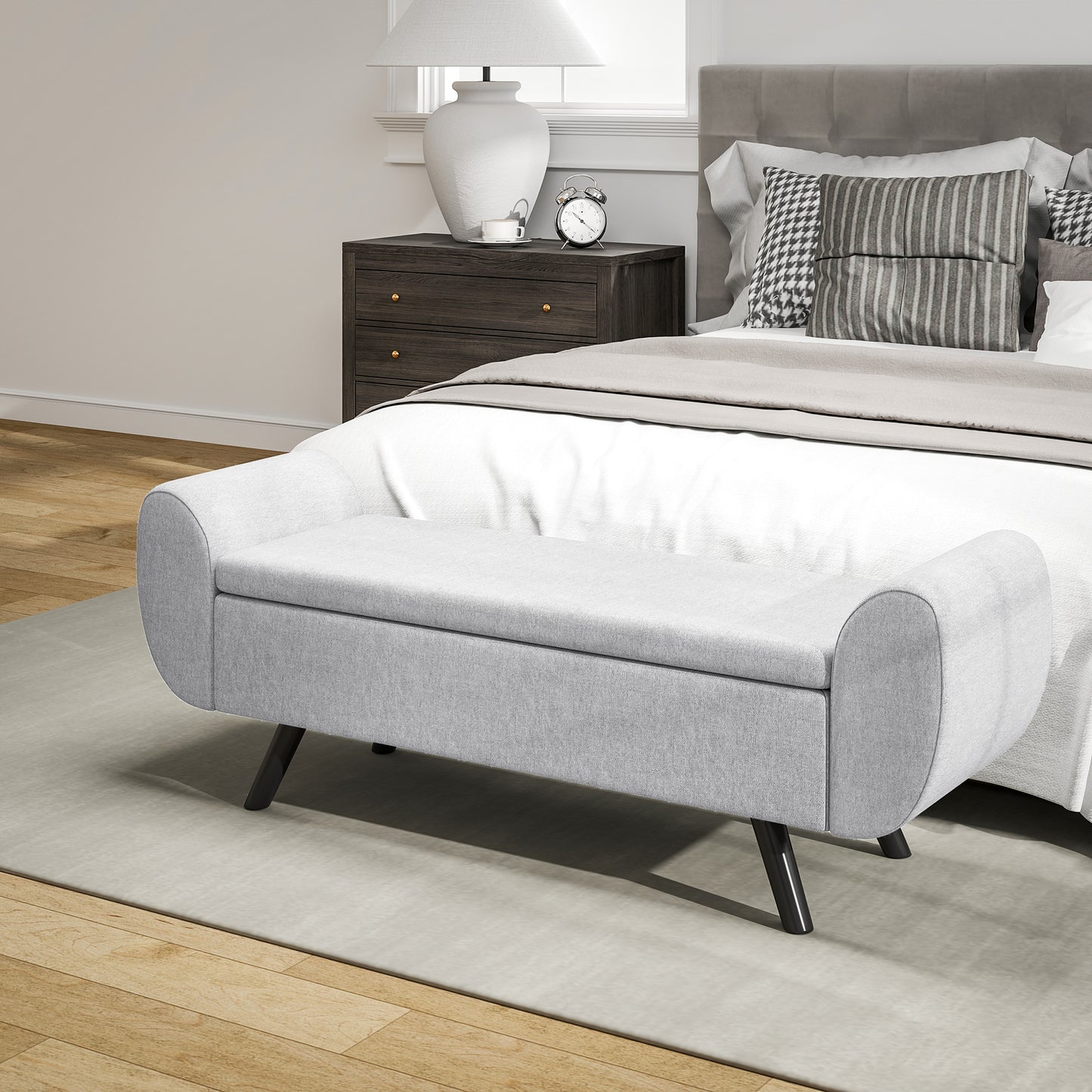 HOMCOM Linen Upholstered Storage Ottoman With Armrest Lift Top Window Seat Bench With Rubberwood Legs Light Grey