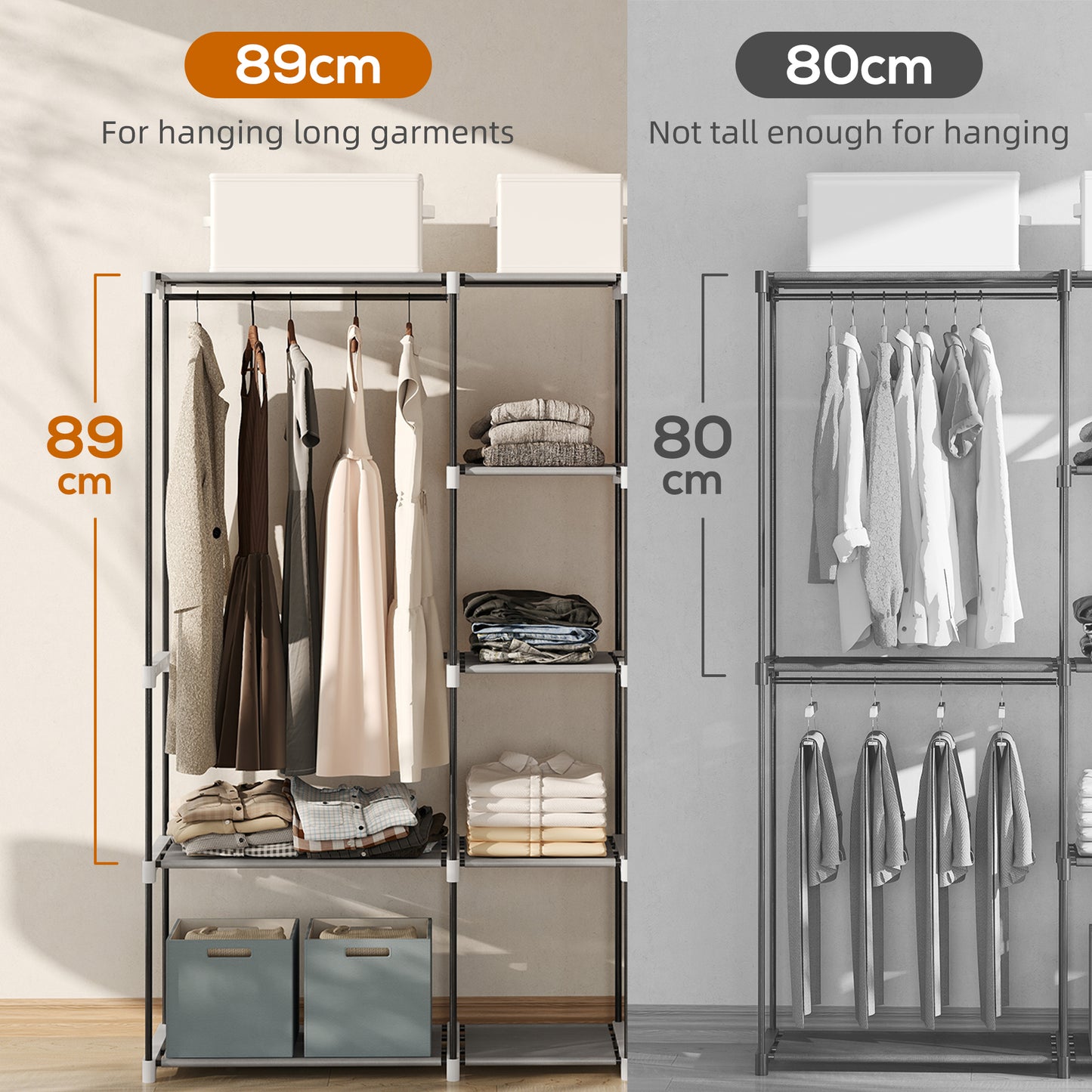 HOMCOM Portable Wardrobe With 8 Shelves And 3 Hanging Rails In Light Grey For Clothes Storage And Organization