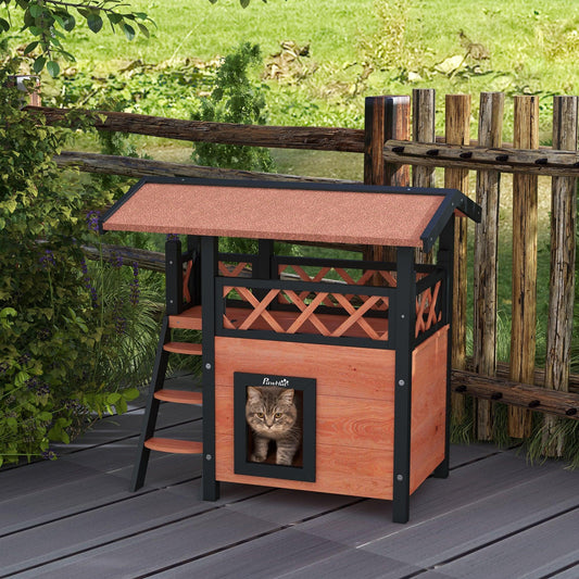 PawHut Outdoor Cat House with Balcony, 77x50x73cm, Brown - ALL4U RETAILER LTD