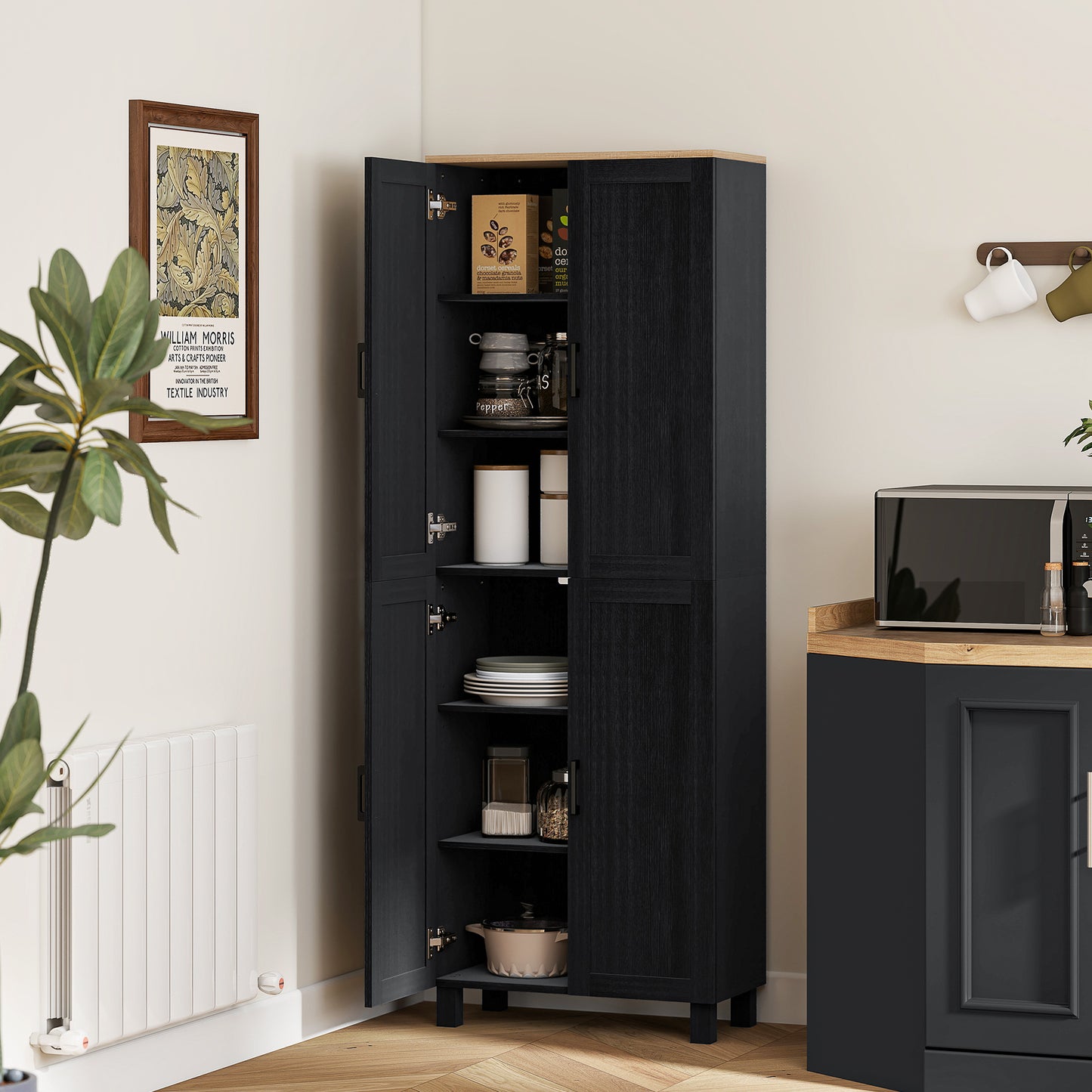 HOMCOM Freestanding 4-Door Kitchen Cupboard With Adjustable Shelves Tall Storage Cabinet 170cm Black