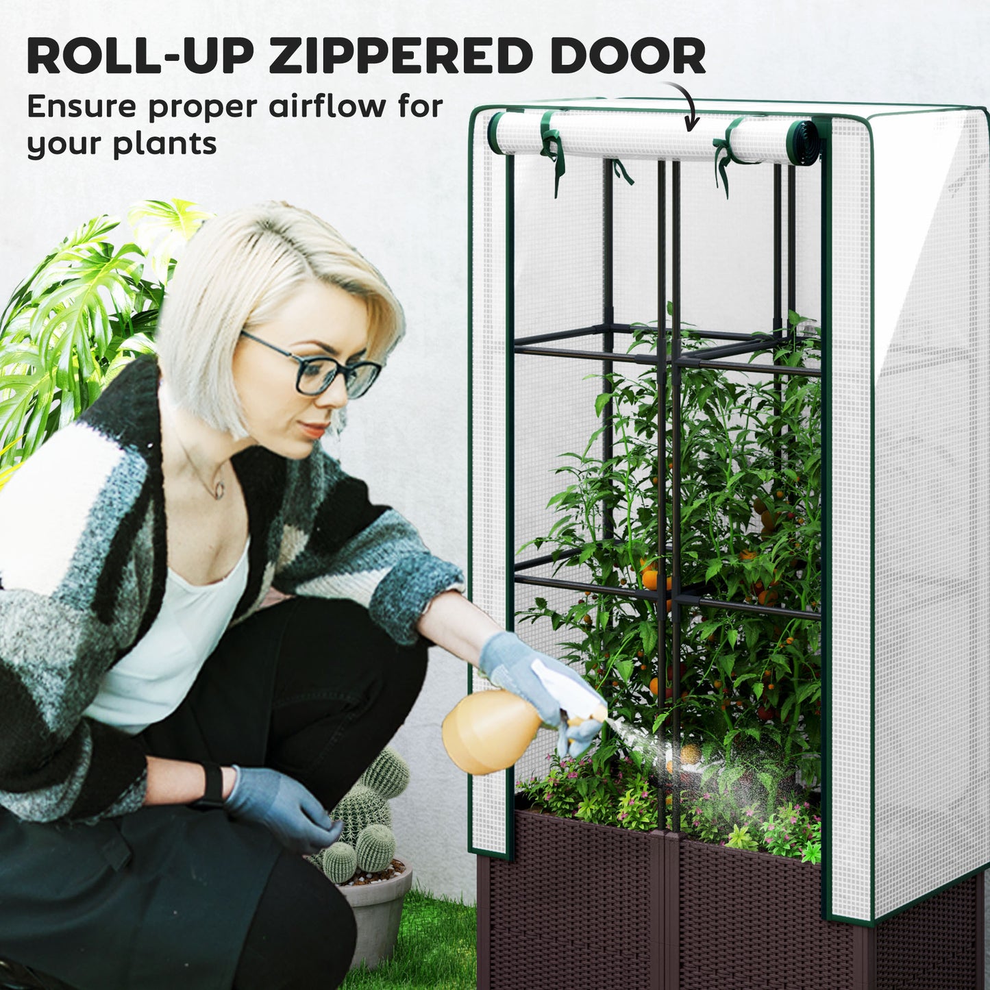 Outsunny Raised Garden Bed With Trellis Plastic Planter Box PE Cover 80 X 40 X 140 cm For Climbing Plants Flowers