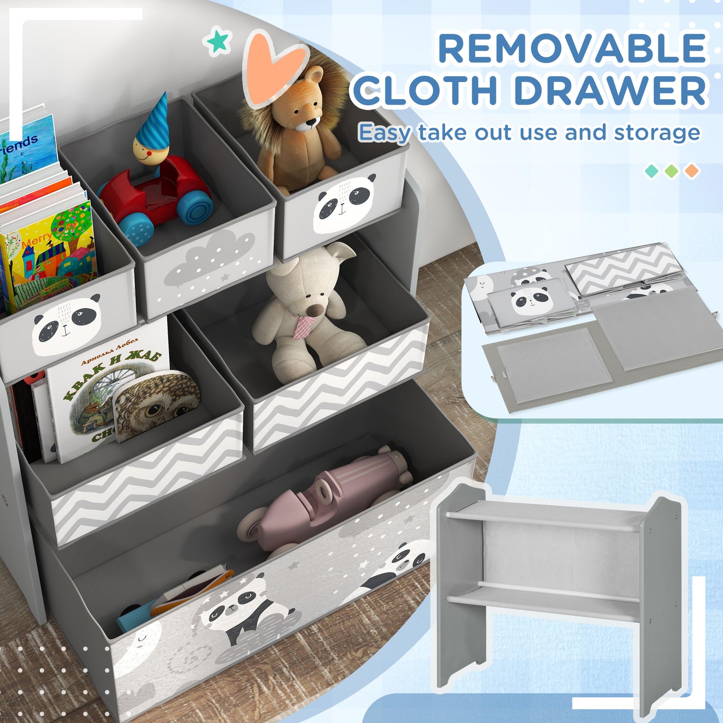ZoneKiz Kids Storage Unit With Six Fabric Bins For Bedrooms Playrooms And Nurseries Grey