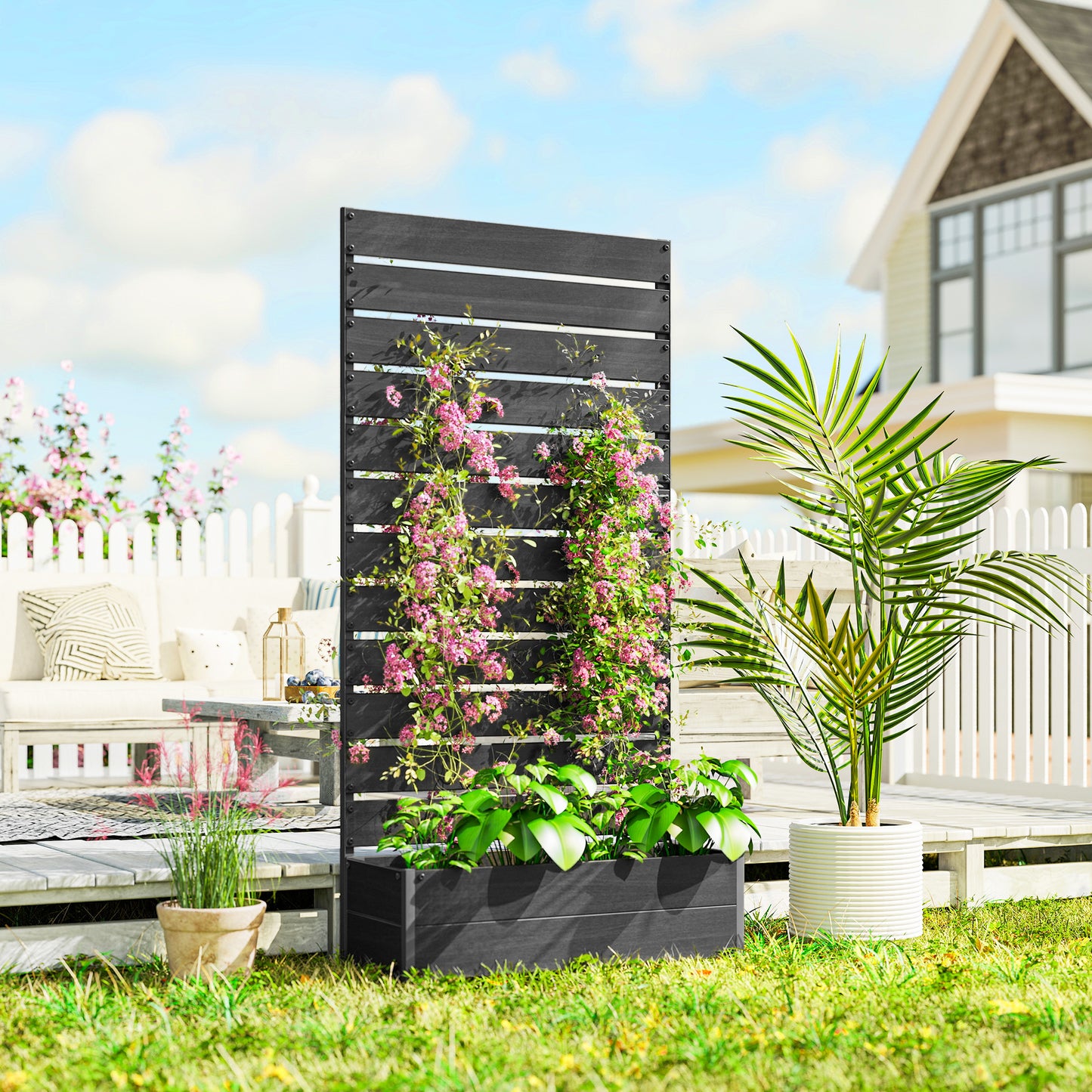 Outsunny Raised Garden Bed With Trellis For Climbing Plants Privacy Screen Black