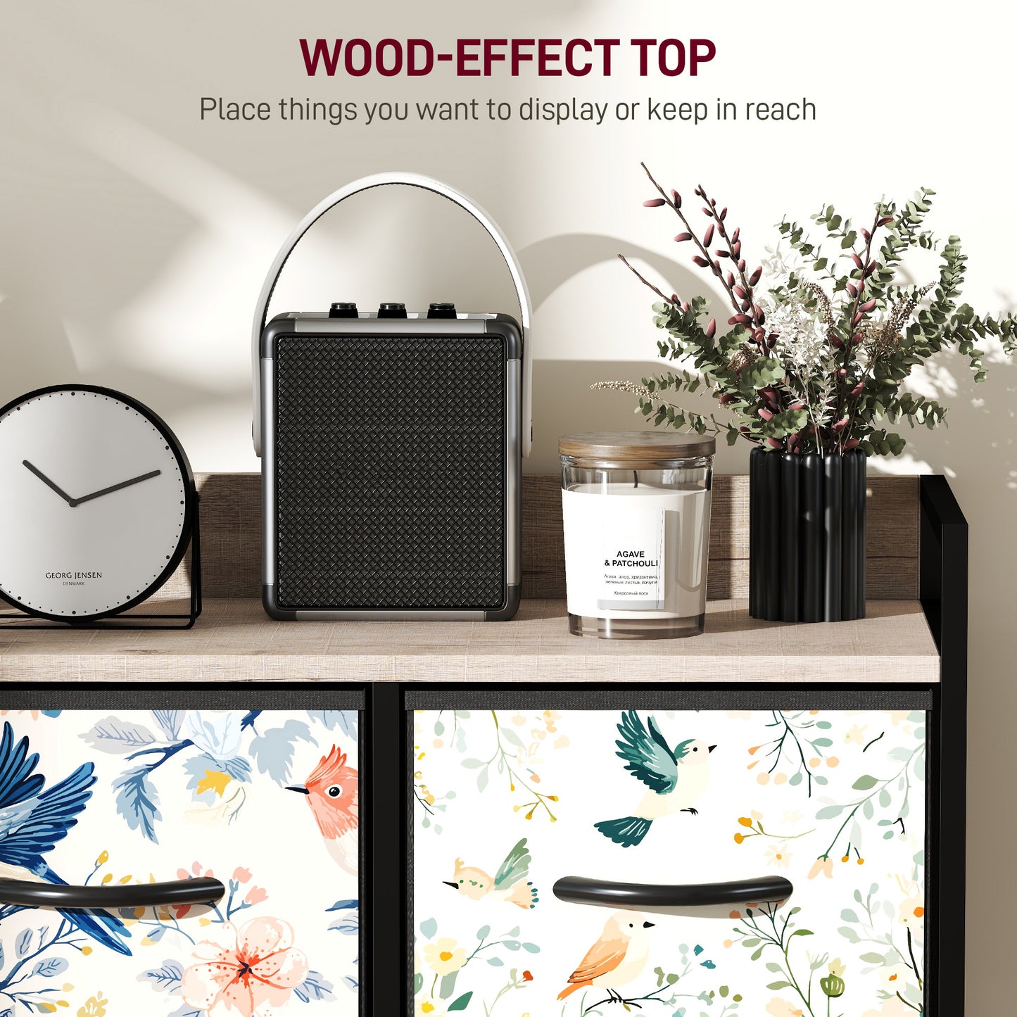 HOMCOM Five Drawer Fabric Chest of Drawers in White With Removable Foldable Fabric Drawers and Patterned Panel Fronts