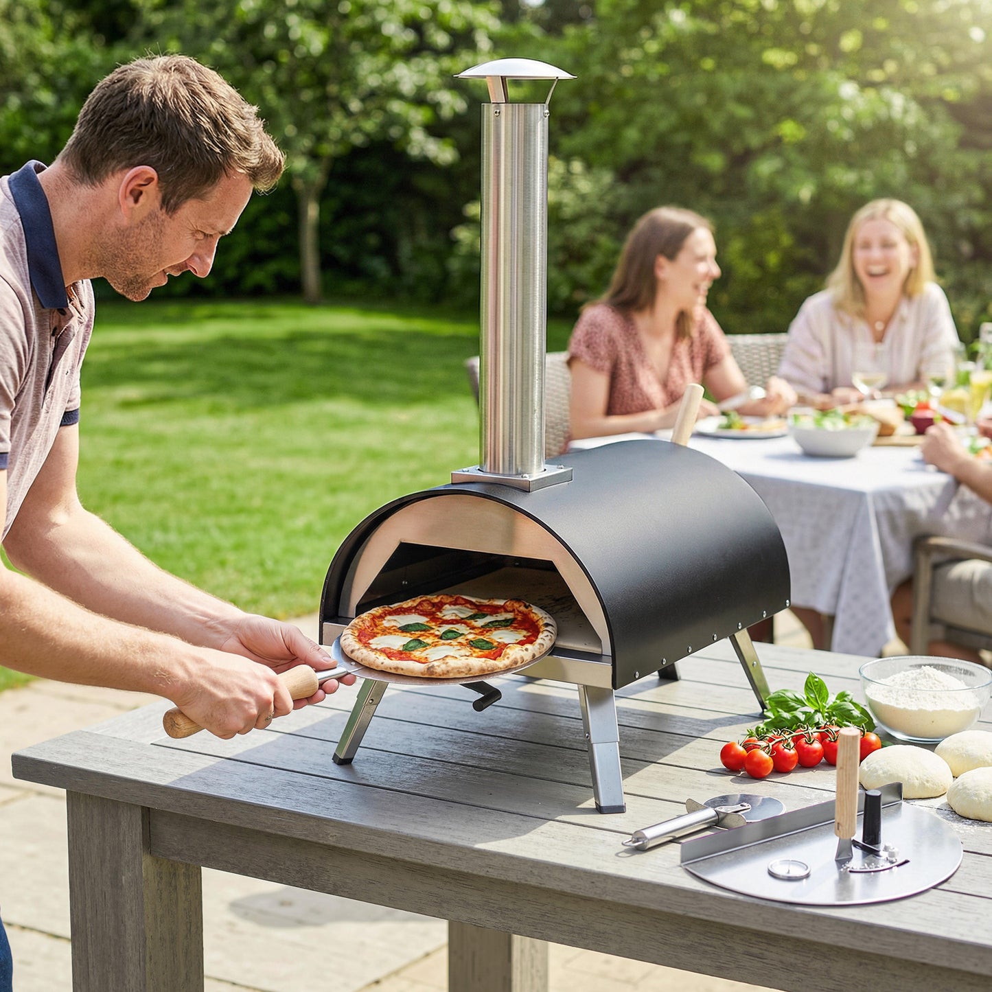 Outsunny Outdoor Pizza Oven With Foldable Legs Pellet Wood Fired 12 Inch Rotating Stone And Peel