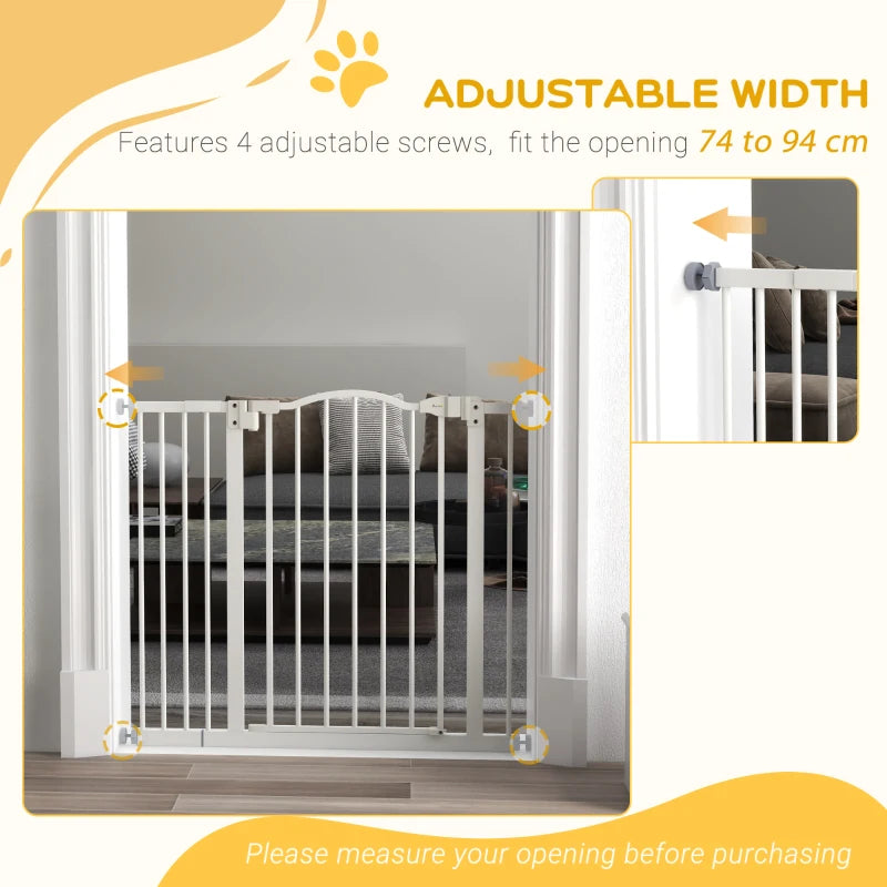 PawHut Metal Adjustable Pet Gate Safety Barrier with Auto-Close Door - White (74-94cm) - ALL4U RETAILER LTD