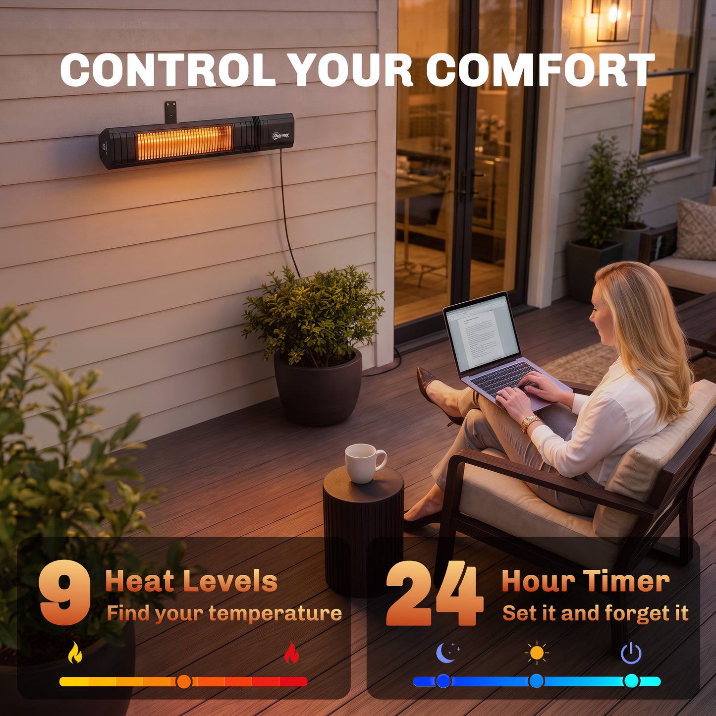 Outsunny 2000W Outdoor Electric Infrared Patio Heater With Remote Timer