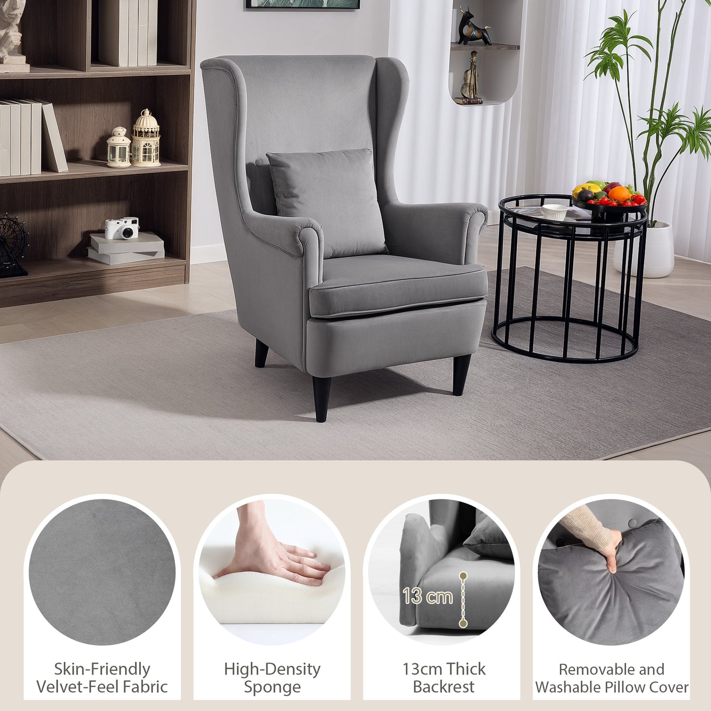 HOMCOM Modern Velvet Wingback Reading Chair With High Backrest And Removable Pillow Cover Solid Wood Legs Dark Grey