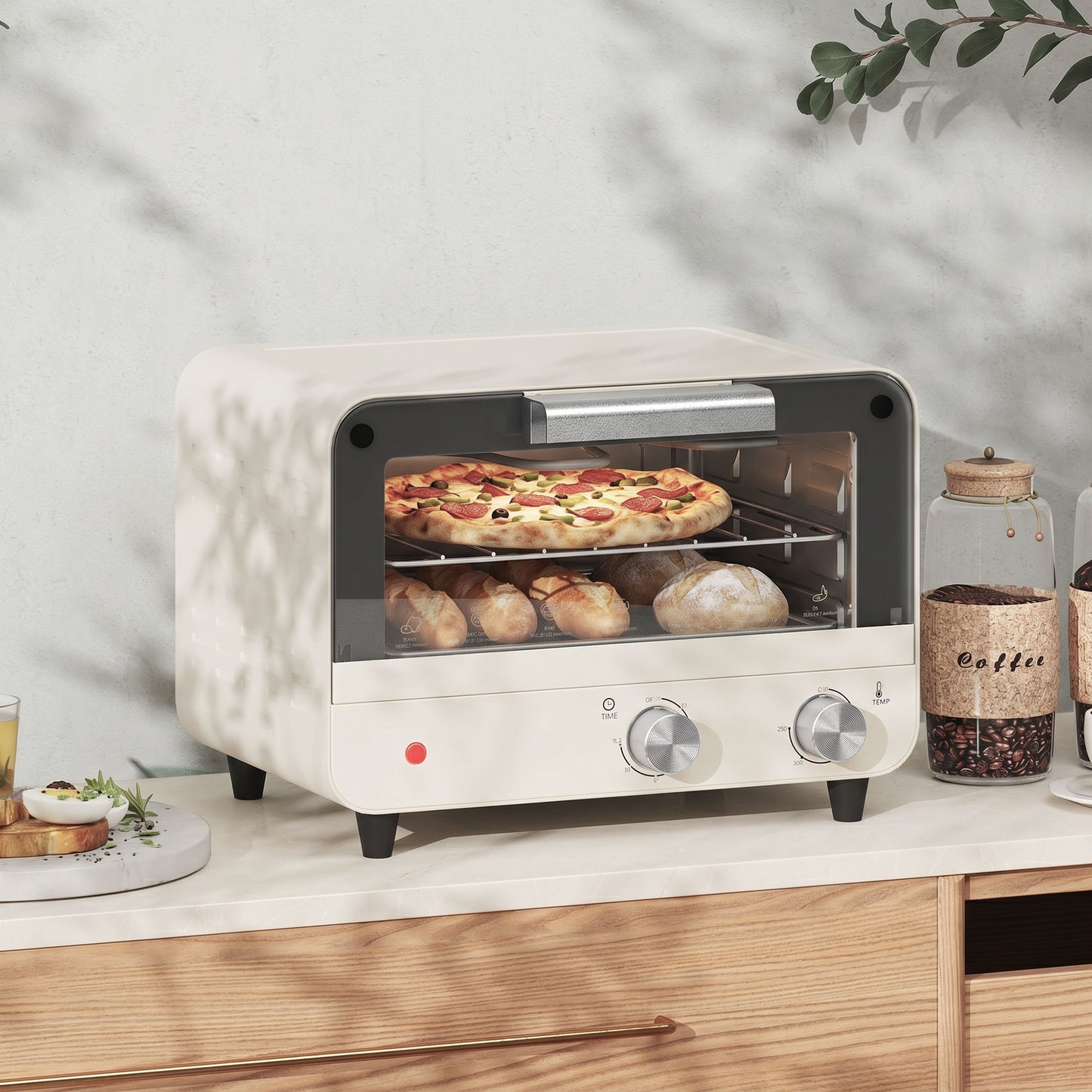 HOMCOM Mini Oven 12L Capacity Small Toaster Oven With Glass Door 750W Adjustable Temperature And Timer Cream White
