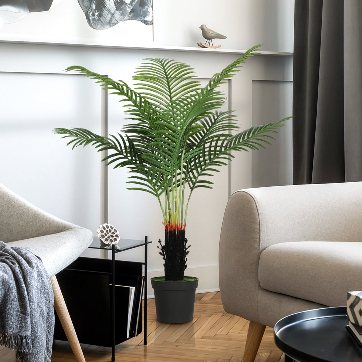 HOMCOM 120cm Artificial Areca Palm Tree With 9 PE Leaves Plastic Pot Flocked Soil Decorative Plant Home Office Green