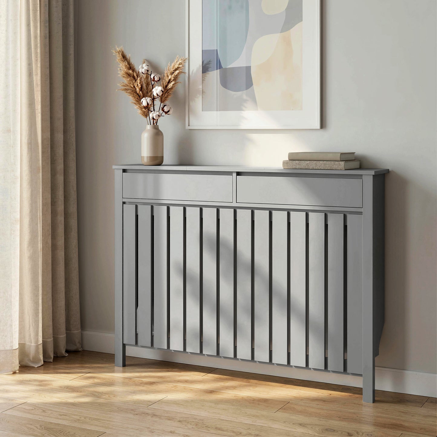 HOMCOM 93 x 119 Cm Modern Slim Radiator Cover Grey With Vertical Slats MDF Panel For Safe Heat Flow