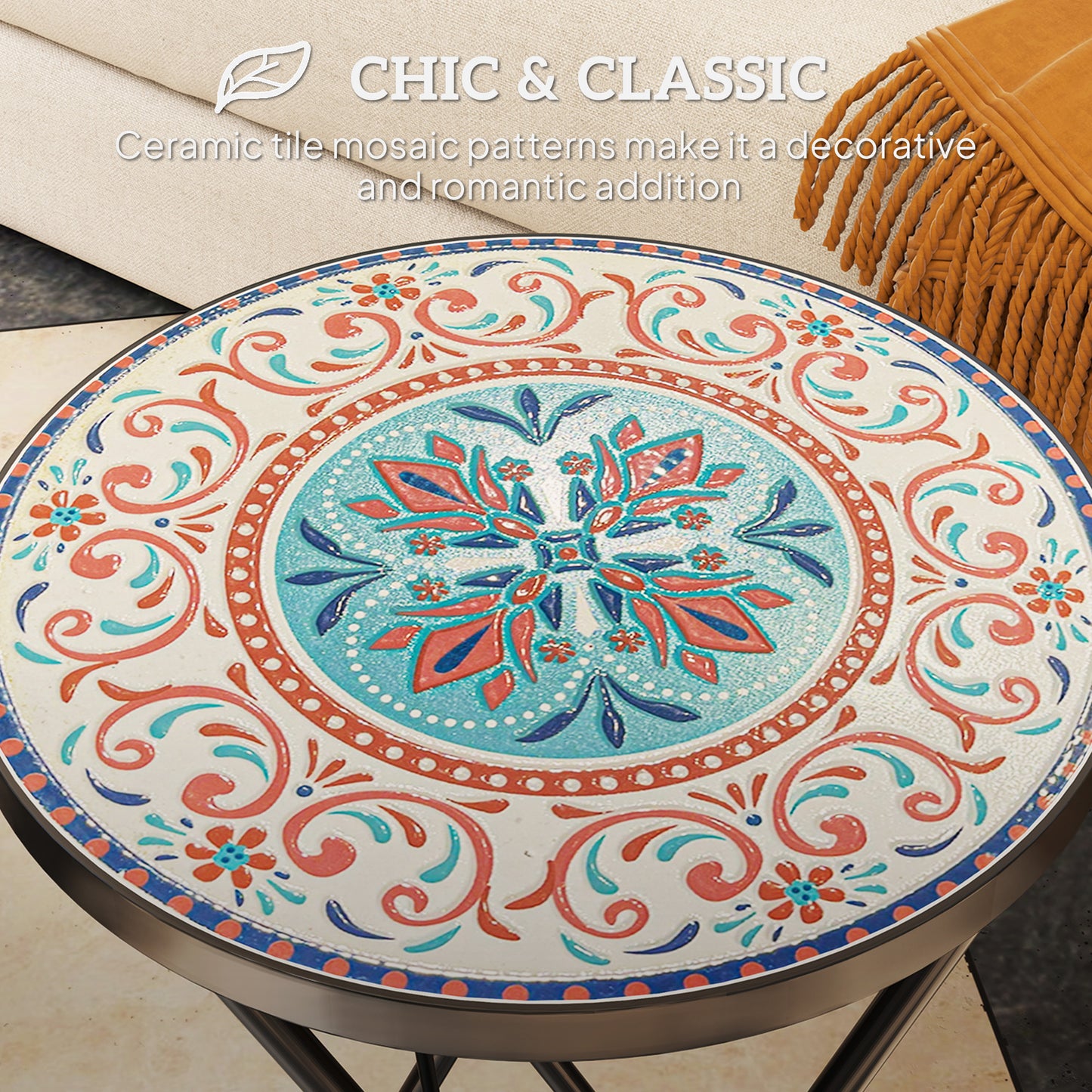 Outsunny Mosaic Outdoor Garden Table 35.5cm Round Folding Coffee Table With Metal Frame For Balcony Terrace Multicolour