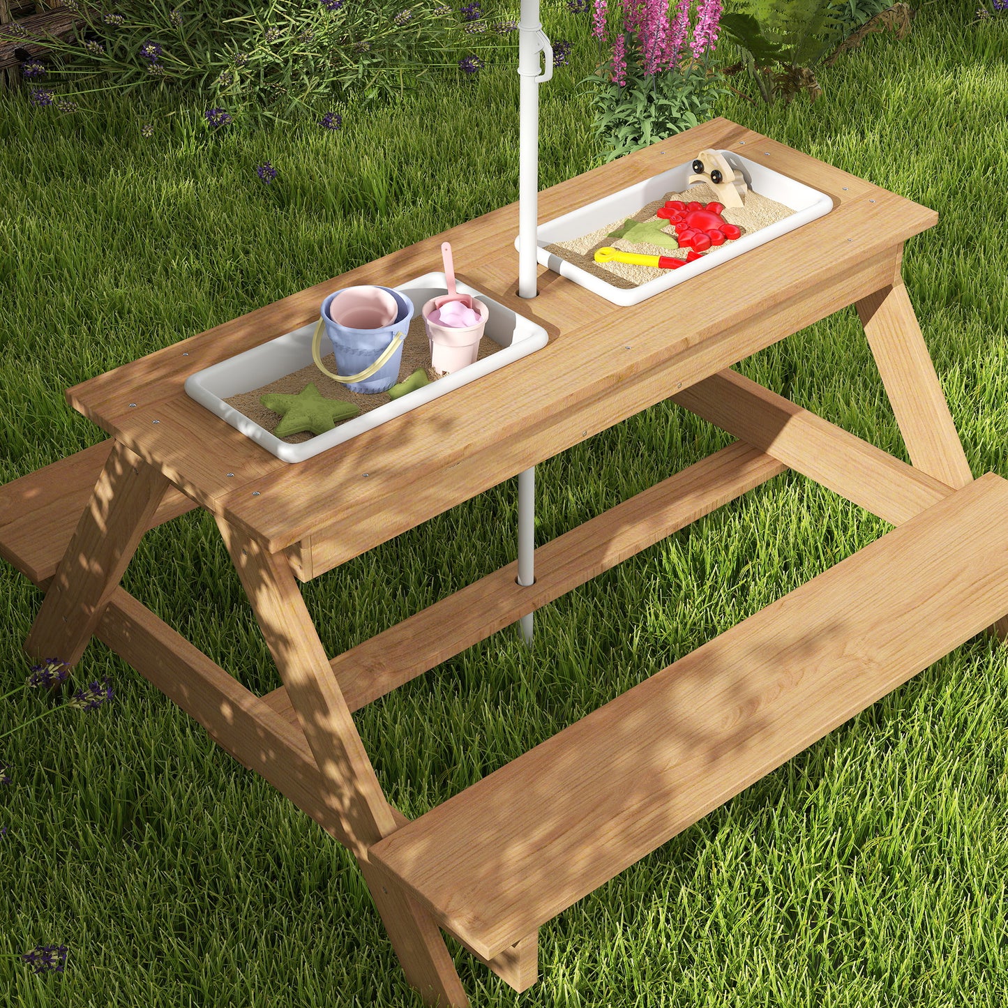 AIYAPLAY Kids Picnic Table With Sand And Water Bins Two Benches Adjustable Parasol Storage Multicolour Garden Furniture