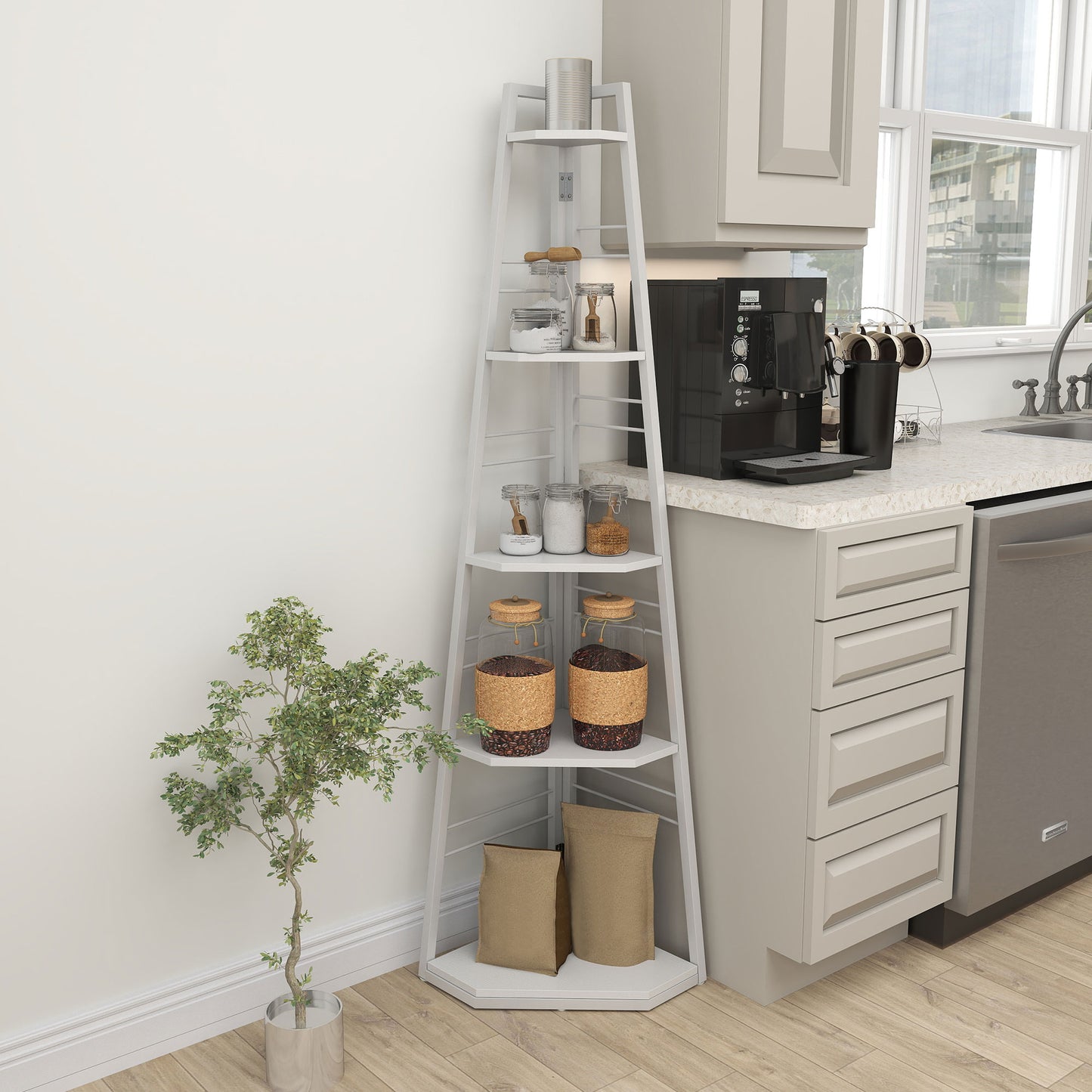HOMCOM Five Tier Corner Shelf White with Steel Frame and Adjustable Feet for Space Saving Storage