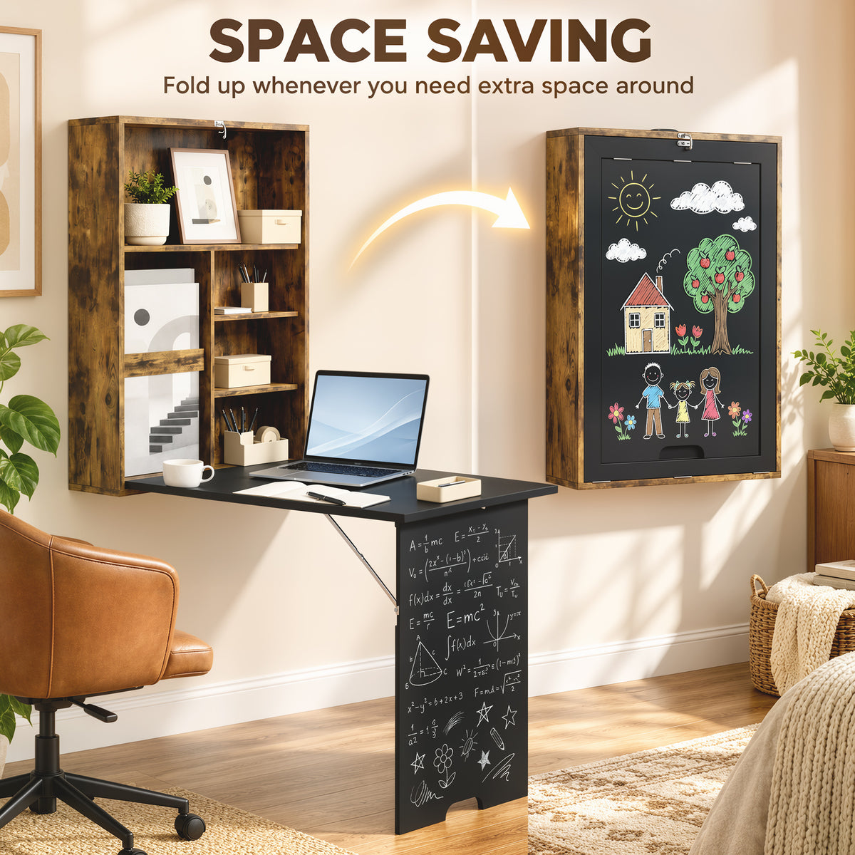 HOMCOM Wall Mounted Folding Drop Leaf Table With Chalkboard And Storage Shelf