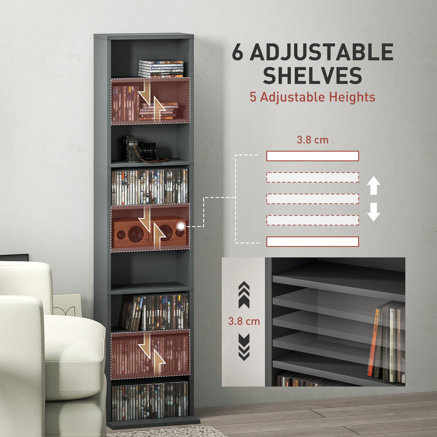 HOMCOM 260 Narrow CD Storage Unit Grey With Six Adjustable Shelves Holds 260 CDs And 120 DVDs