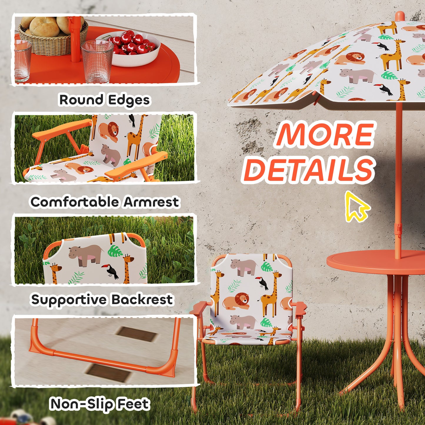 AIYAPLAY Kids Picnic Table Set With 2 Folding Chairs And Umbrella Orange Outdoor Table And Chair Set For Children
