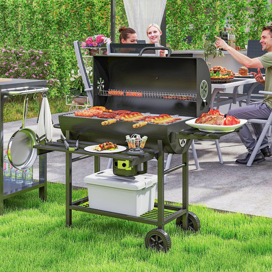 Outsunny Charcoal BBQ Grill With Foldable Front Shelf And Wheels Smoker With Warming Rack Temp Gauge And Lid Black