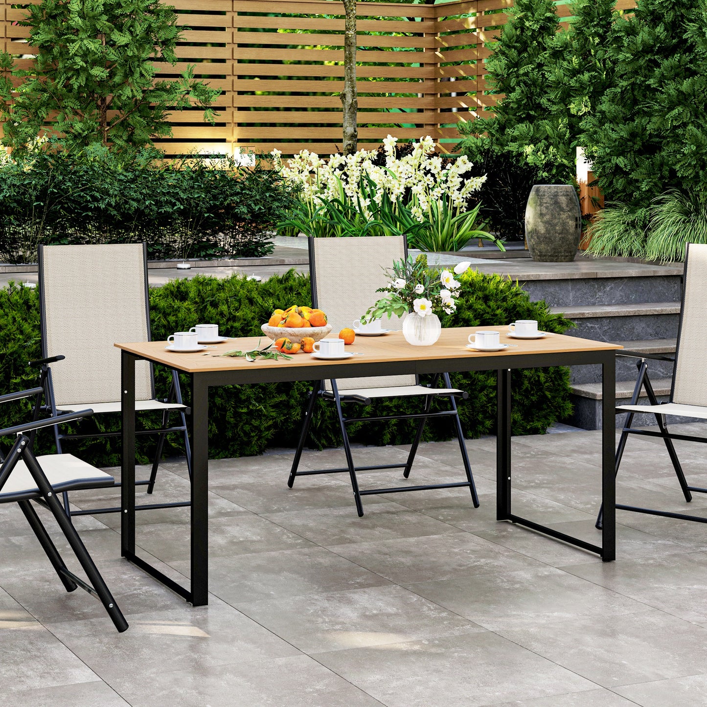 Outsunny 6 People Outdoor Dining Table With Slatted Wood Effect Top And Metal Frame 160 x 80 x 75 cm For Balcony