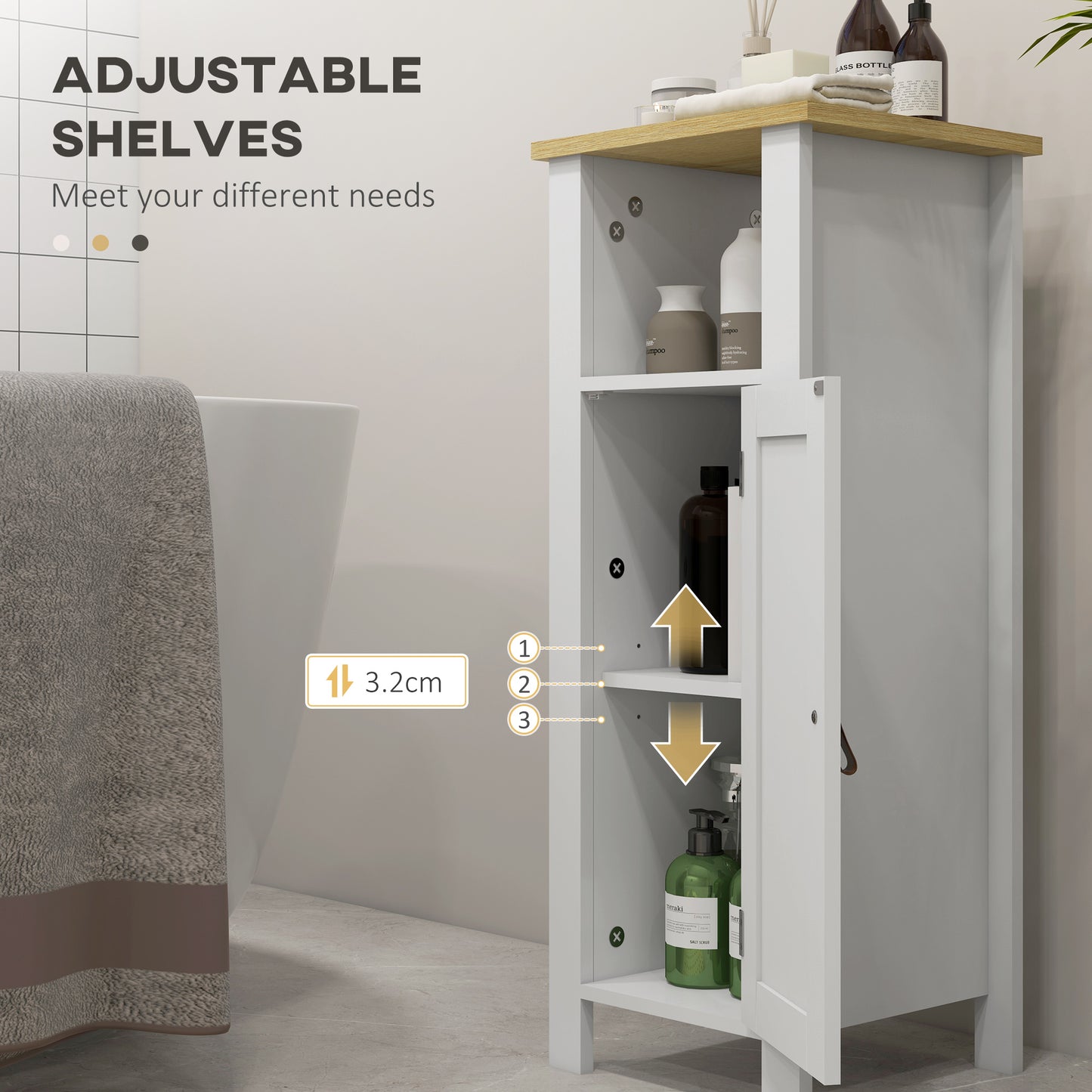 Kleankin Slim White Bathroom Storage Cabinet With Two Tier Cupboard And Faux Leather Handle For Towels