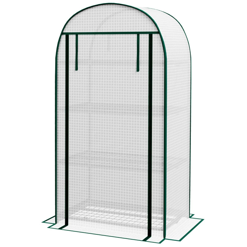 Outsunny 80 x 49 x 160cm Portable Mini Greenhouse for Outdoor Gardening, with Storage Shelf, Roll-Up Zippered Door, Metal Frame, and PE Cover - White | Compact and Convenient Plant Greenhouse