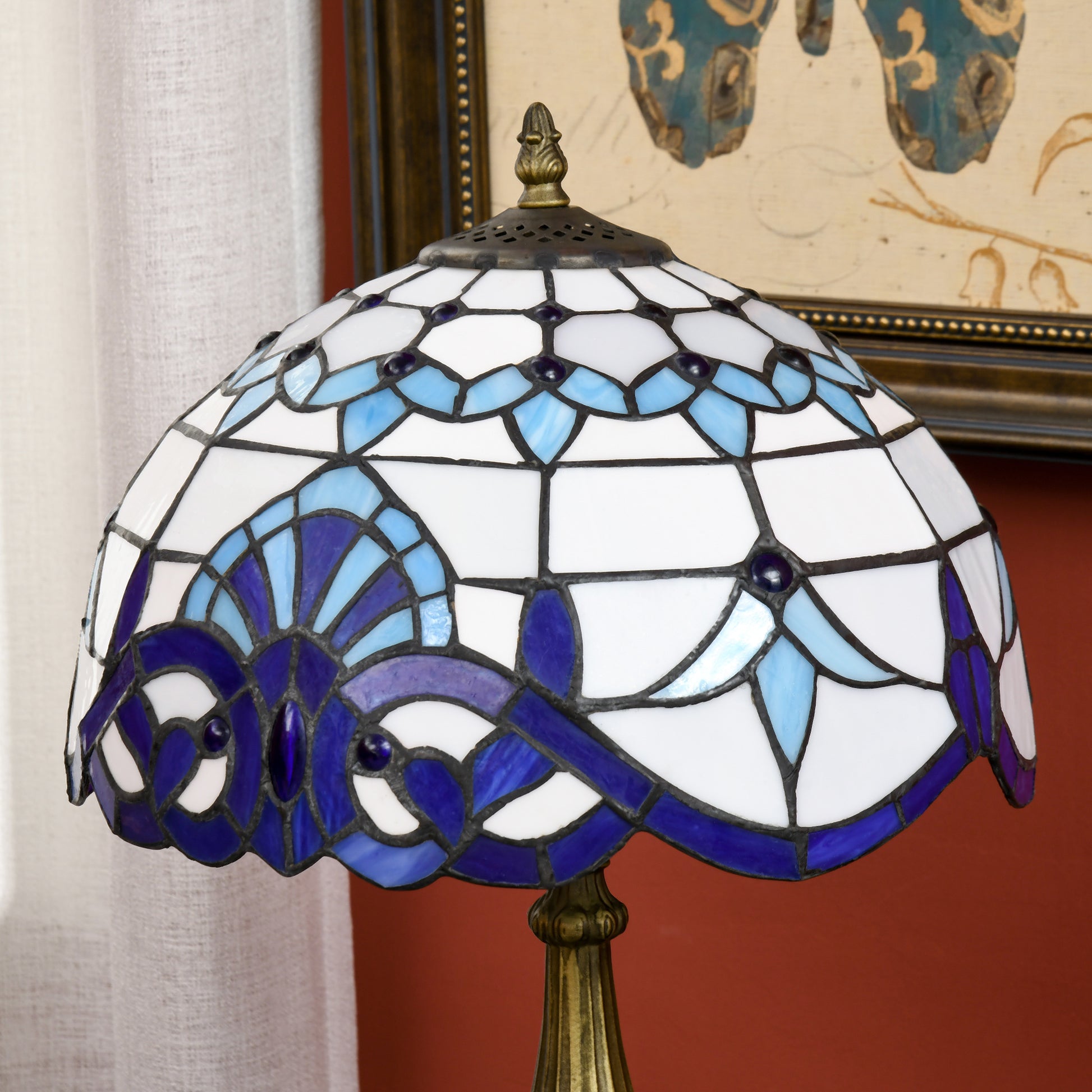 HOMCOM Handcrafted Blue Stained Glass Table Lamp - Antique Nightstand Light for Bedroom and Living Room - ALL4U RETAILER LTD