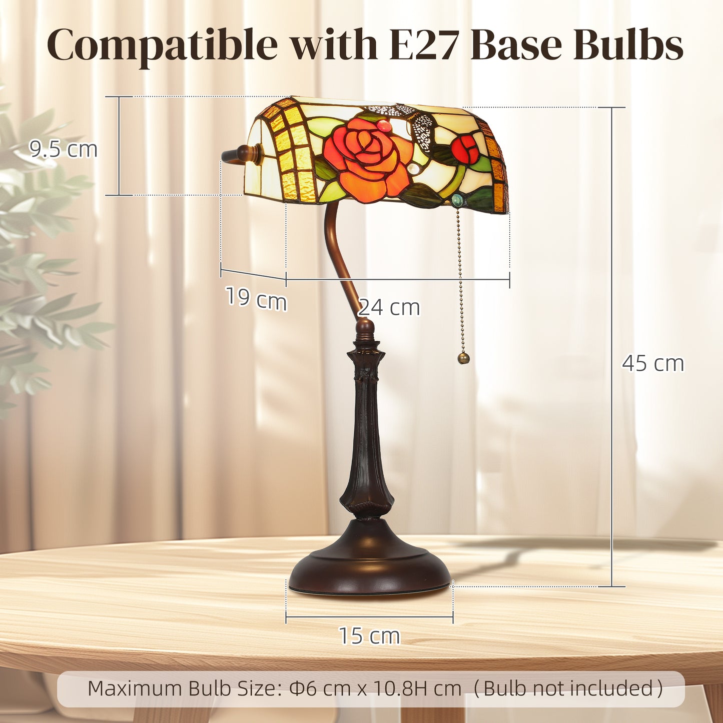HOMCOM Tiffany Style Rose and Butterfly Table Lamp Multicolored Handmade Glass Shade